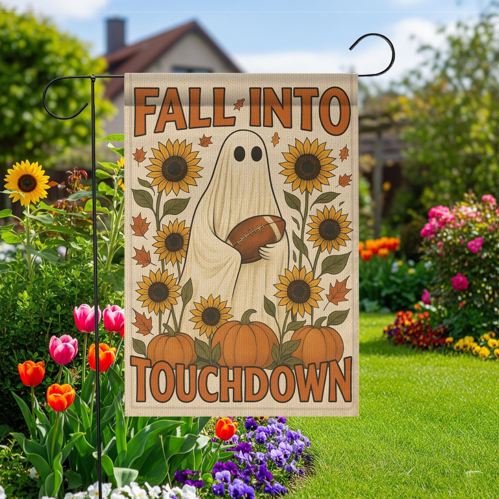 Cute Ghost Football Garden Flag, Fall Into Touchdown Yard Decor, Rustic Autumn Halloween Flag, Pumpkin Sunflower Porch Sign