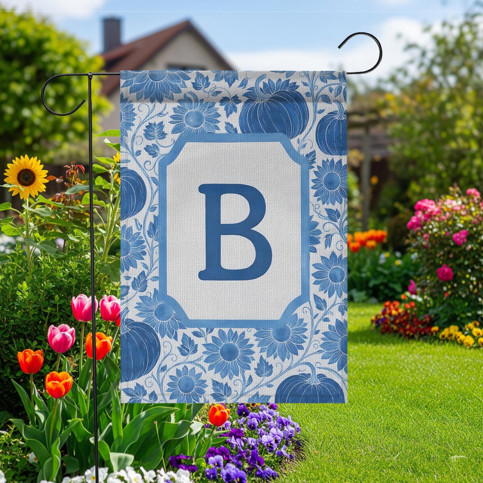 Personalized Fall Garden Flag: Blue Pumpkin Sunflower Monogram Decor