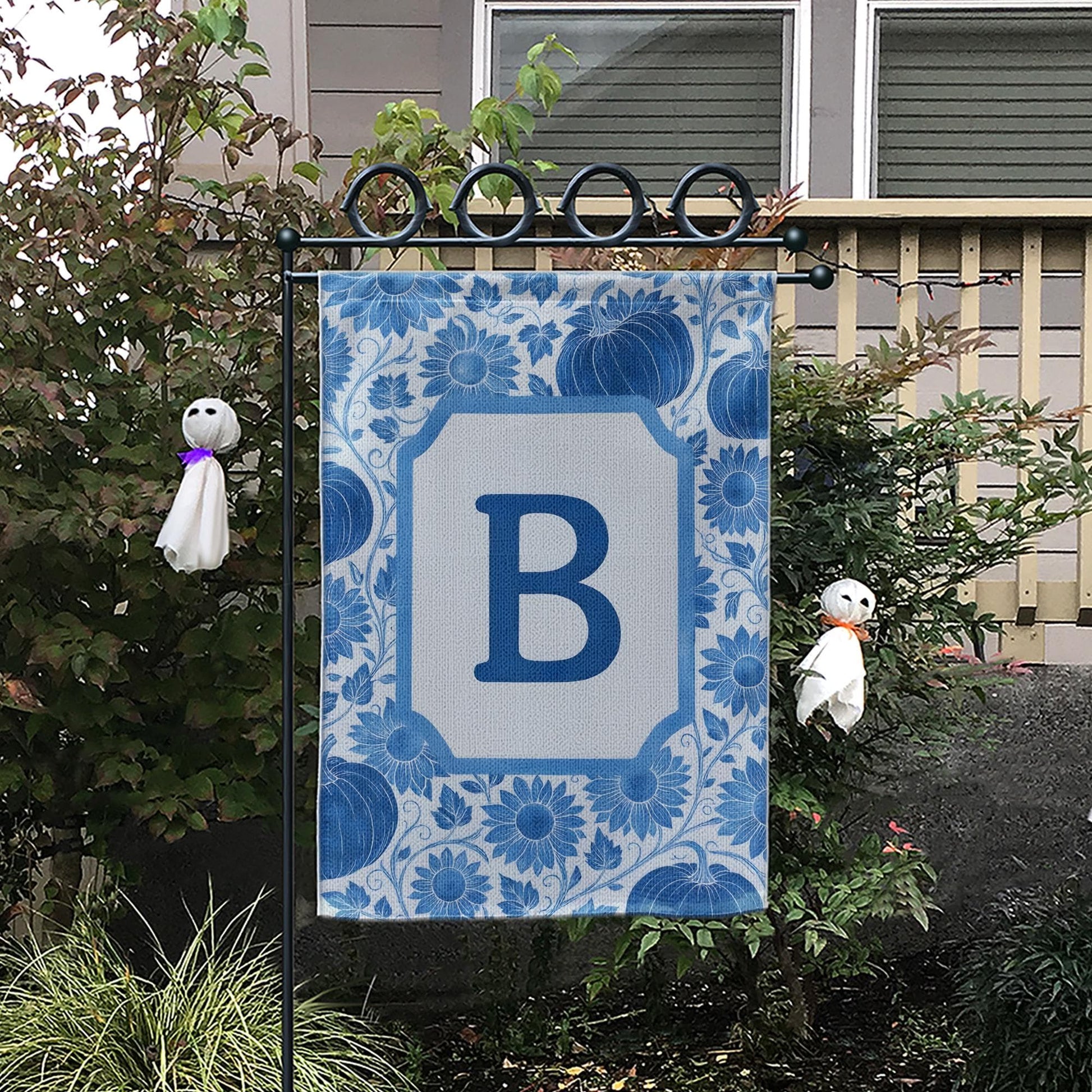 Personalized Fall Garden Flag: Blue Pumpkin Sunflower Monogram Decor