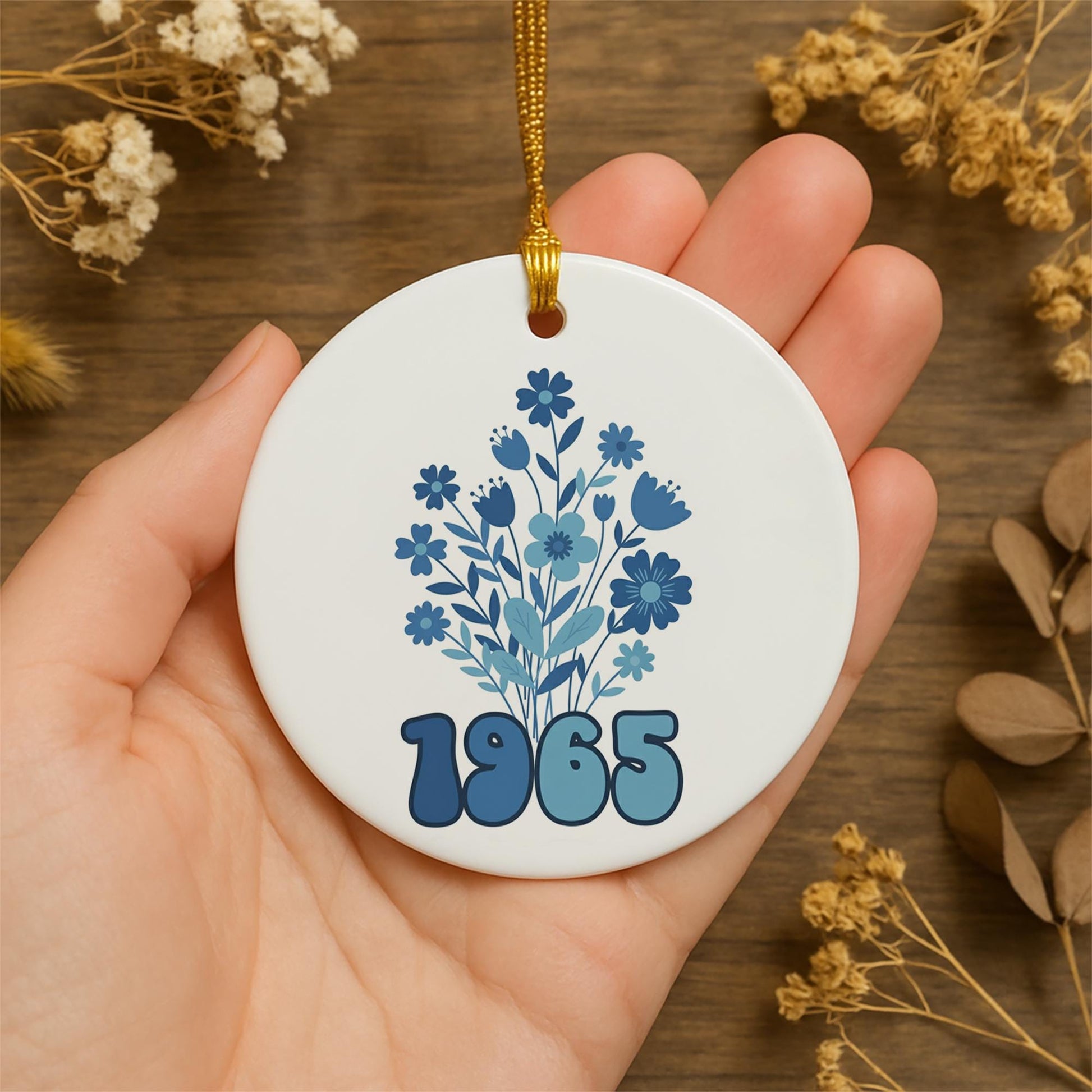 1965 Birth Year Ceramic Ornament: Retro Blue Floral 60th Birthday Gift