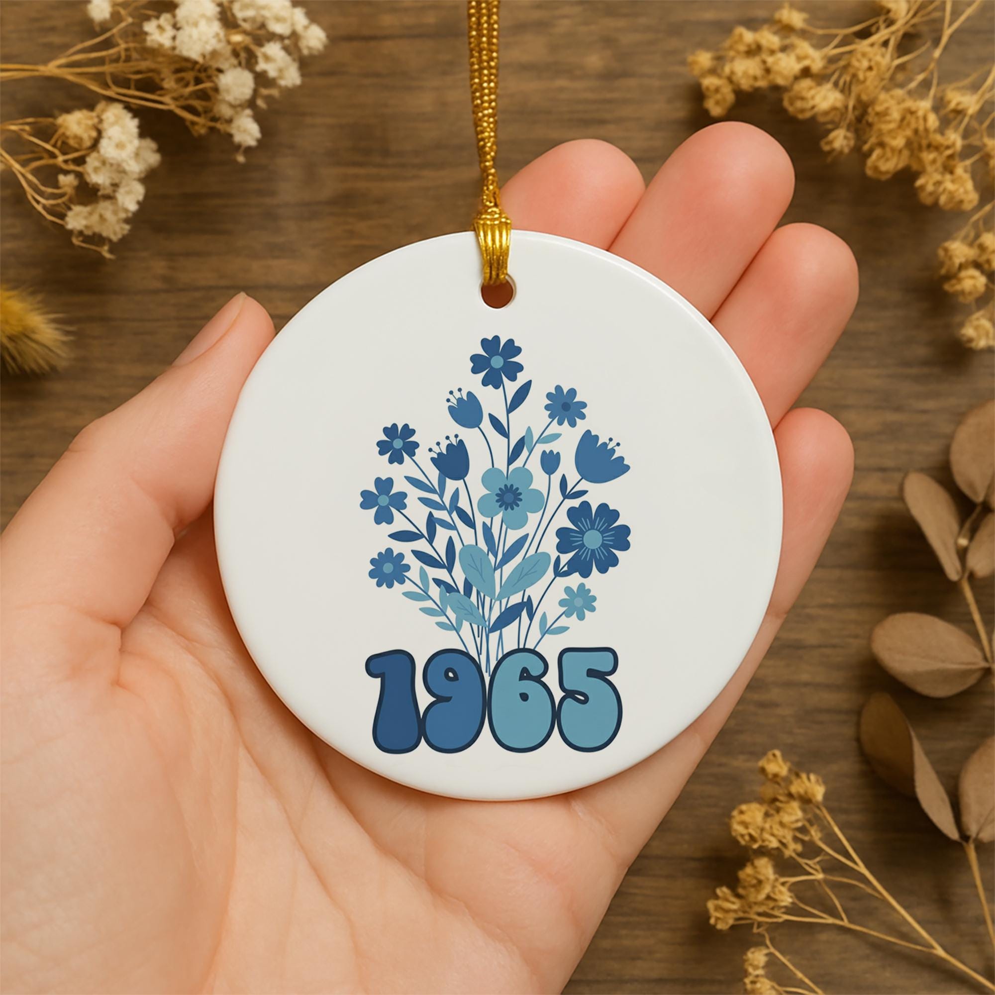 1965 Birth Year Ceramic Ornament: Retro Blue Floral 60th Birthday Gift
