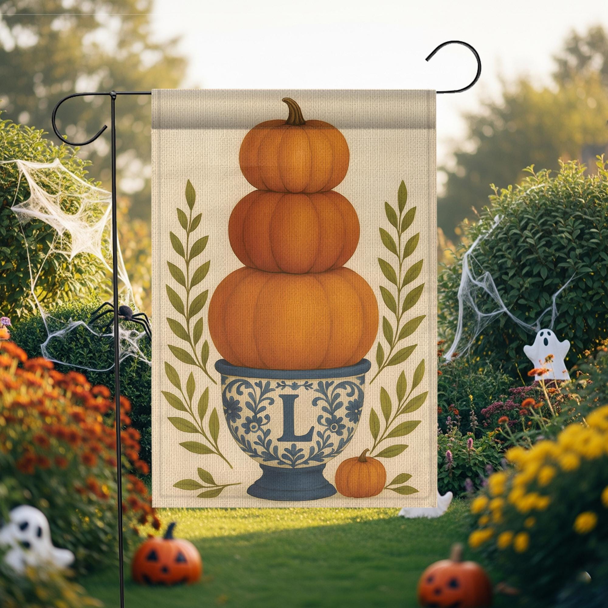 Personalized Fall Garden Flag: Monogram Pumpkin Topiary, Autumn Porch Decor