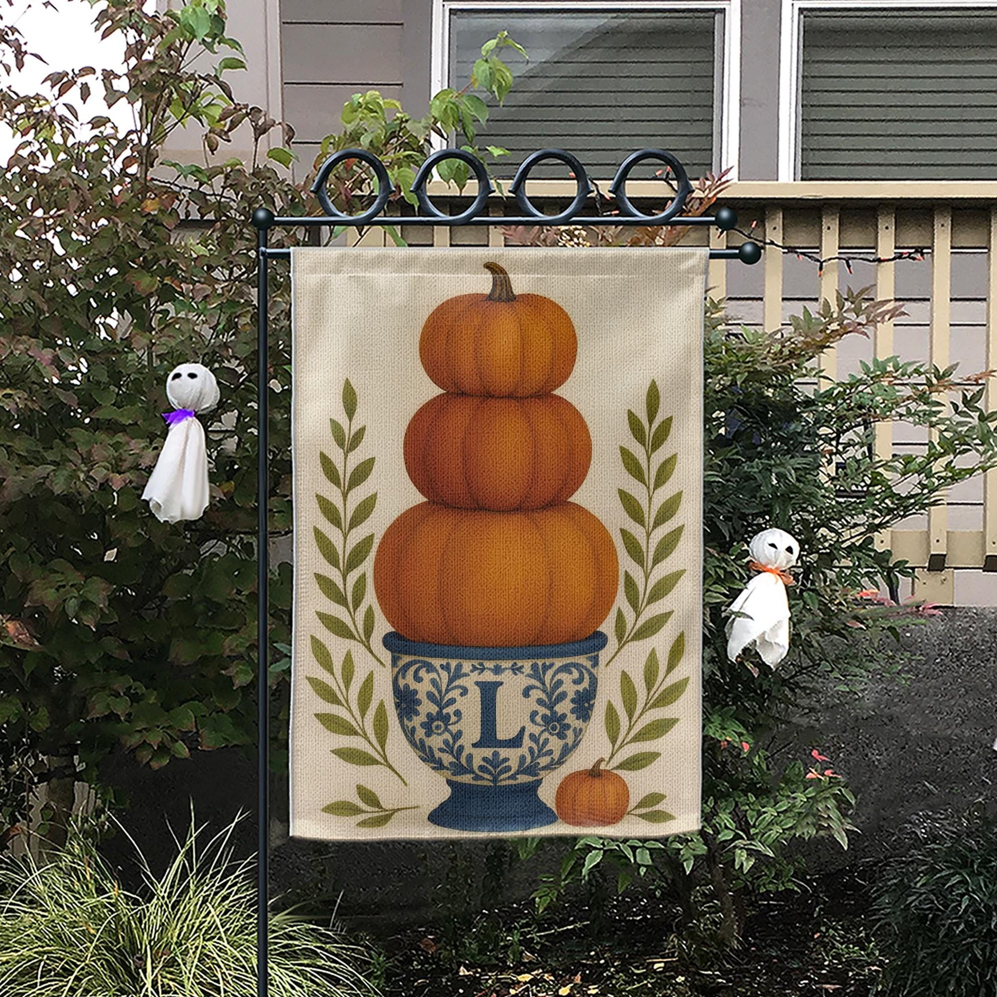 Personalized Fall Garden Flag: Monogram Pumpkin Topiary, Autumn Porch Decor