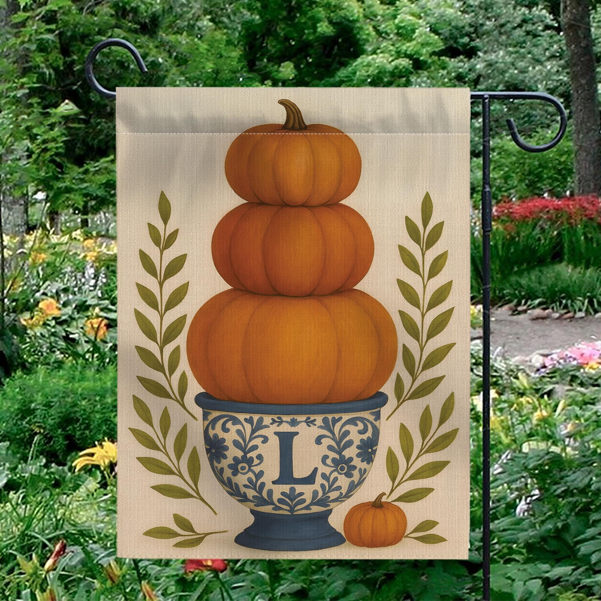 Personalized Fall Garden Flag: Monogram Pumpkin Topiary, Autumn Porch Decor