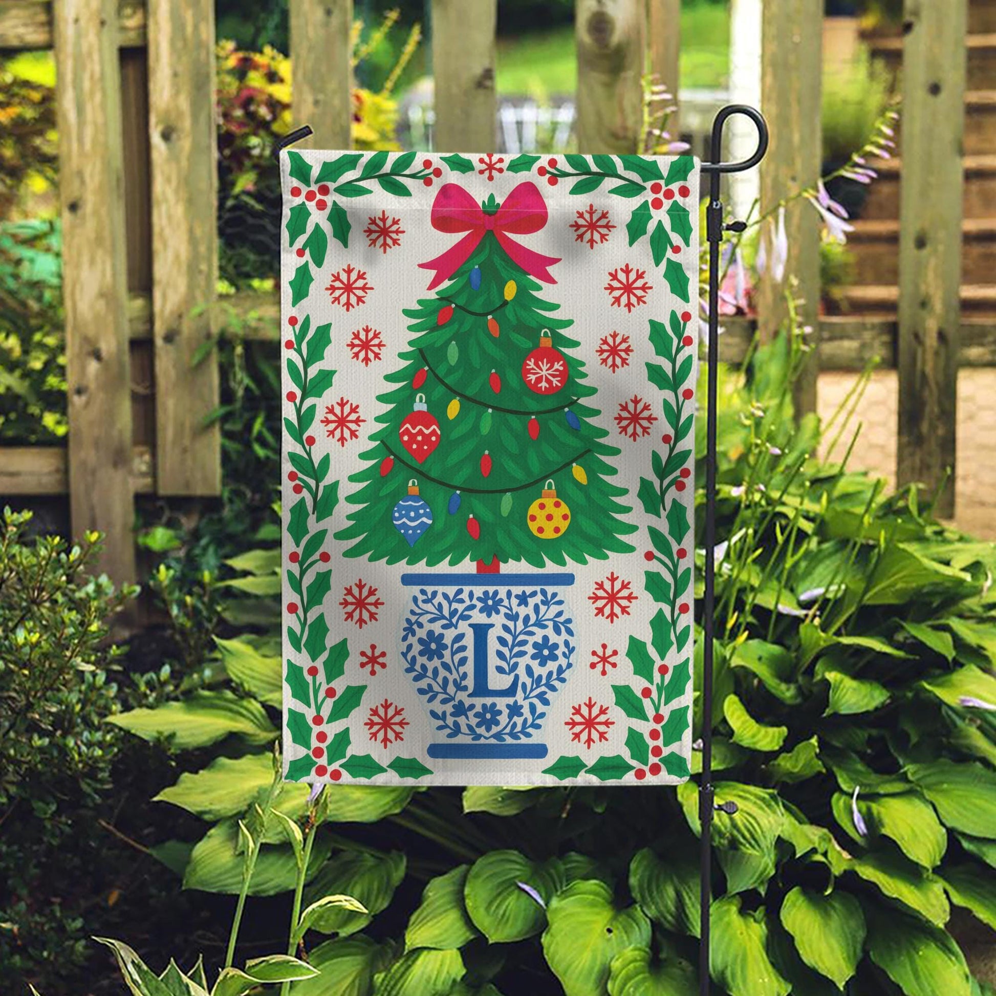 Personalized Chinoiserie Christmas Garden Flag: Blue & White Holiday Decor