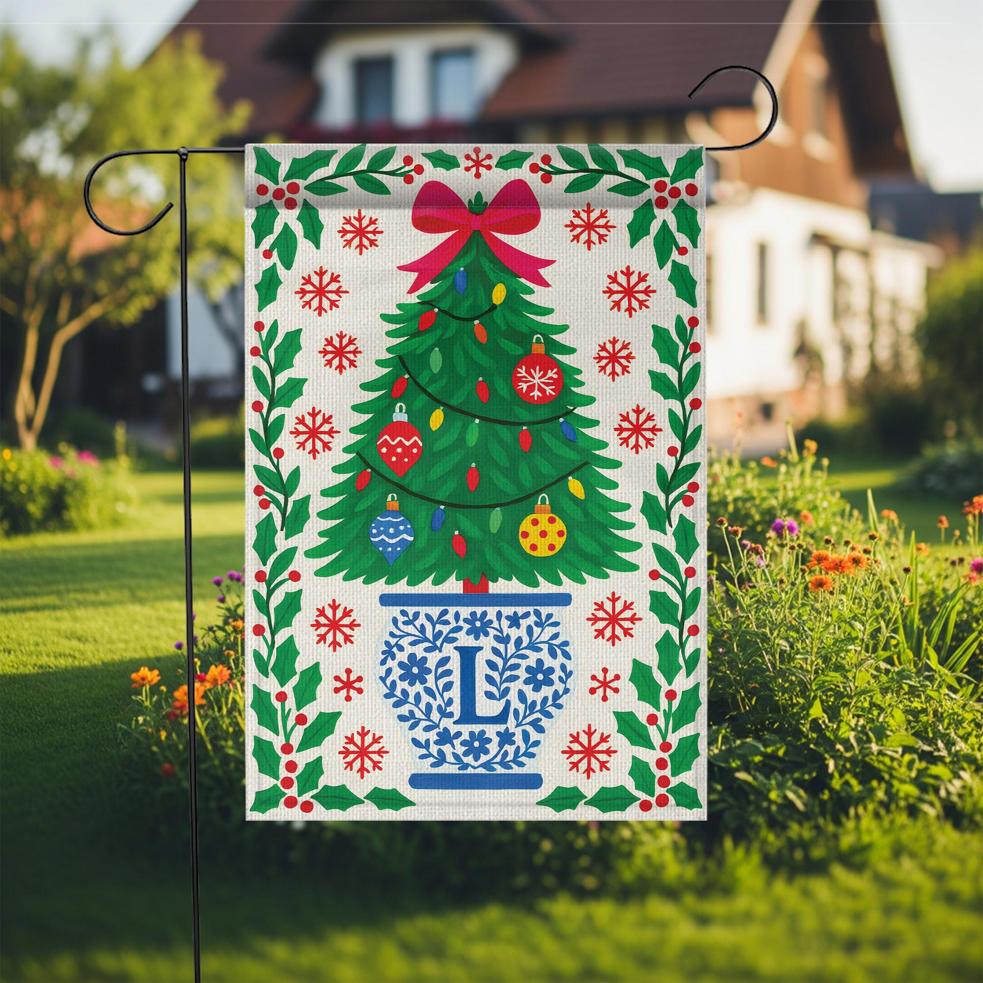 Personalized Chinoiserie Christmas Garden Flag: Blue & White Holiday Decor