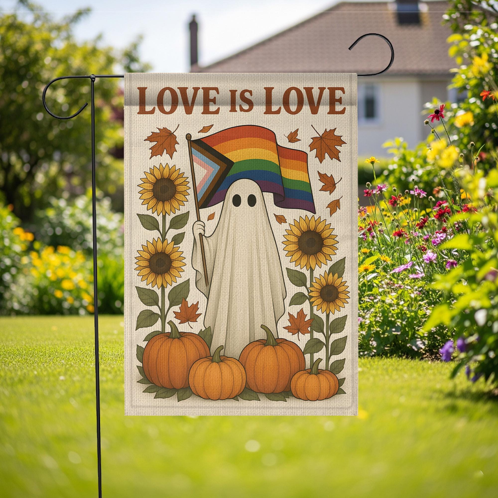Love is Love Ghost Pride Flag: Retro Halloween Garden Banner