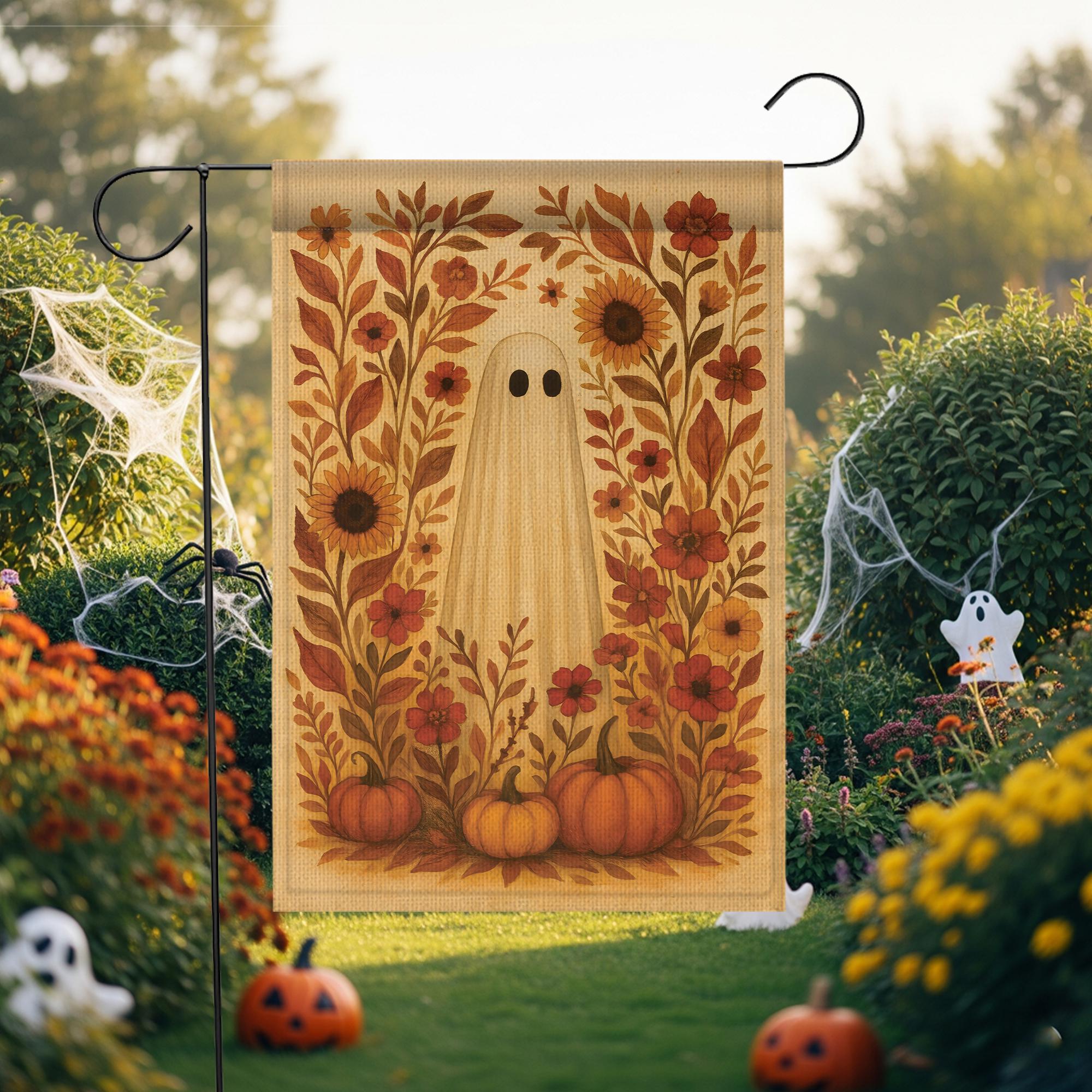 Cute Ghost Garden Flag, Rustic Fall Decor, Vintage Halloween Yard Flag, Autumn Welcome with Pumpkins, Spooky Cottagecore Banner