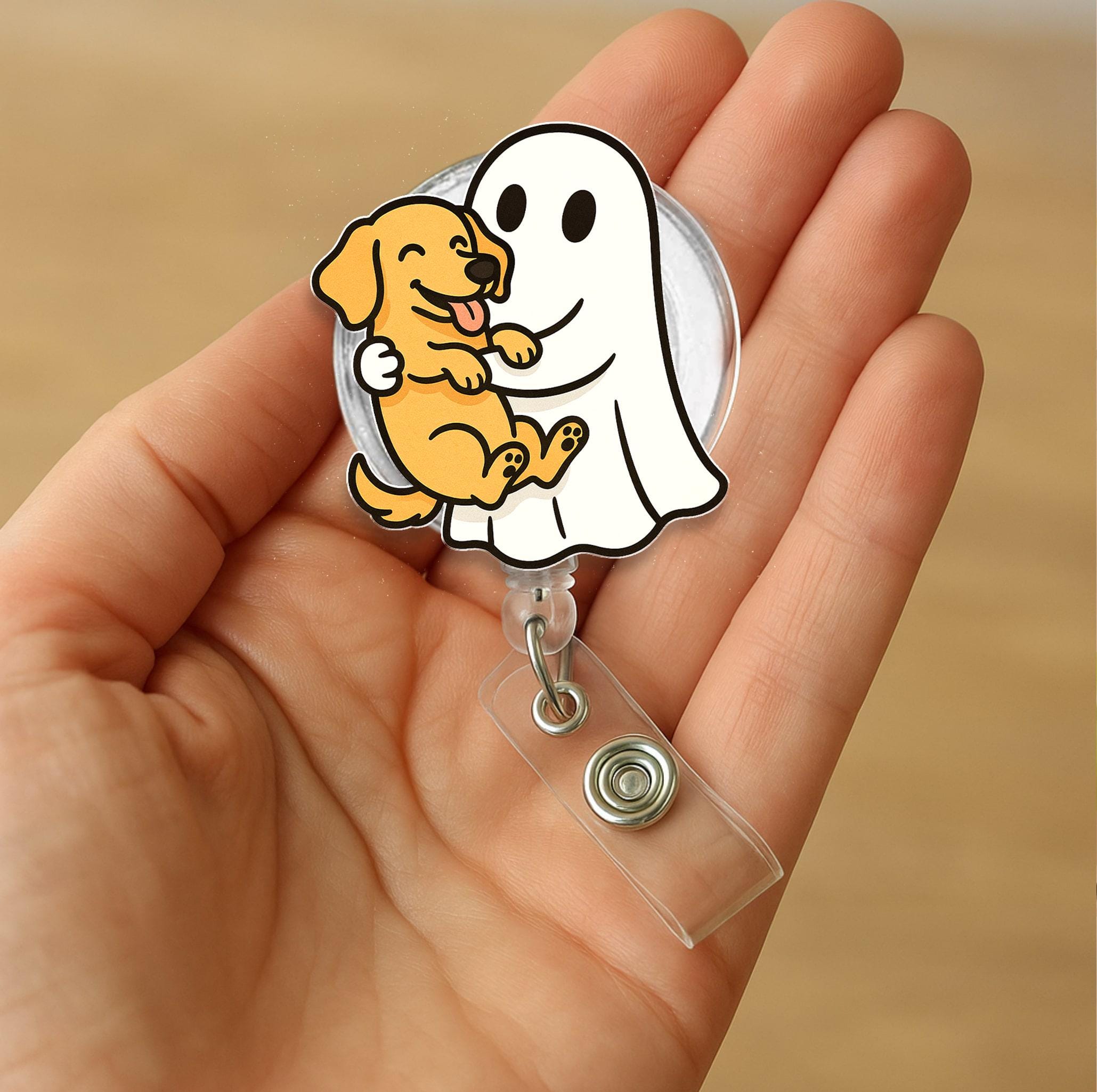 Cute Ghost & Puppy Badge Reel – Nurse ID Retractable Holder Dog Ghost Design