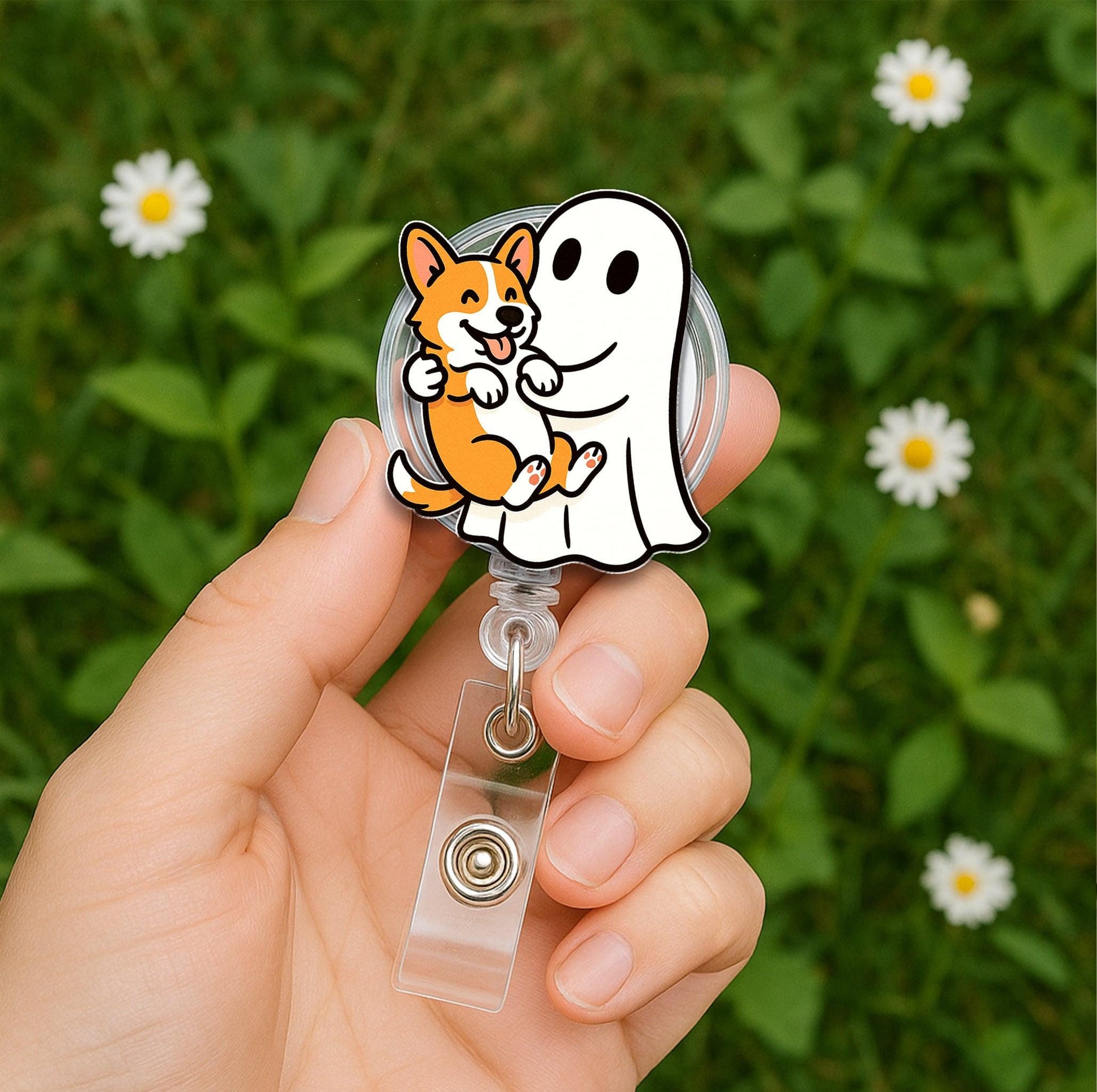 Cute Ghost & Puppy Badge Reel – Nurse ID Retractable Holder Dog Ghost Design