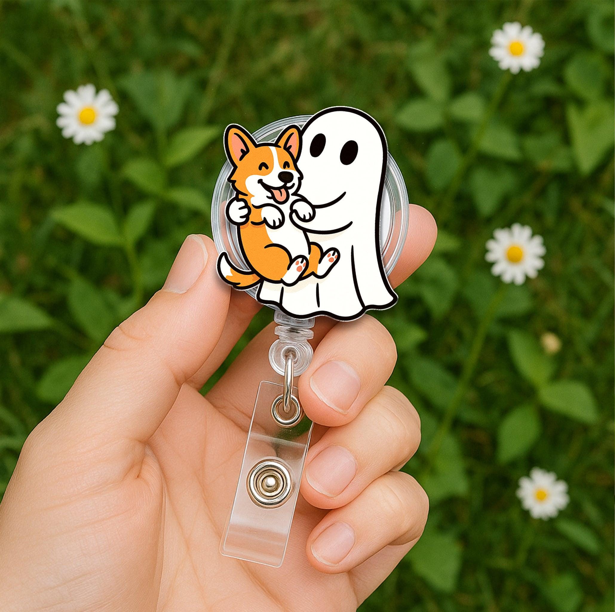 Cute Ghost & Puppy Badge Reel – Nurse ID Retractable Holder Dog Ghost Design