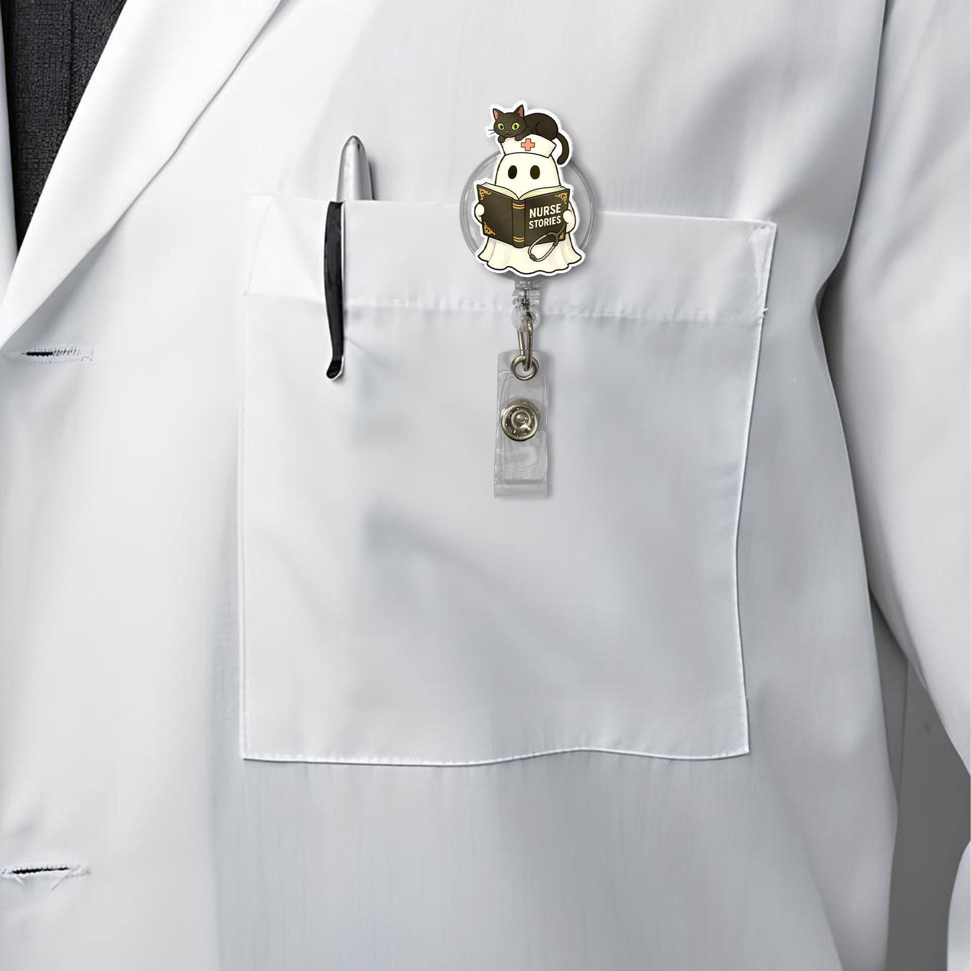Ghost Nurse Badge Reel: Black Cat Halloween ID Holder