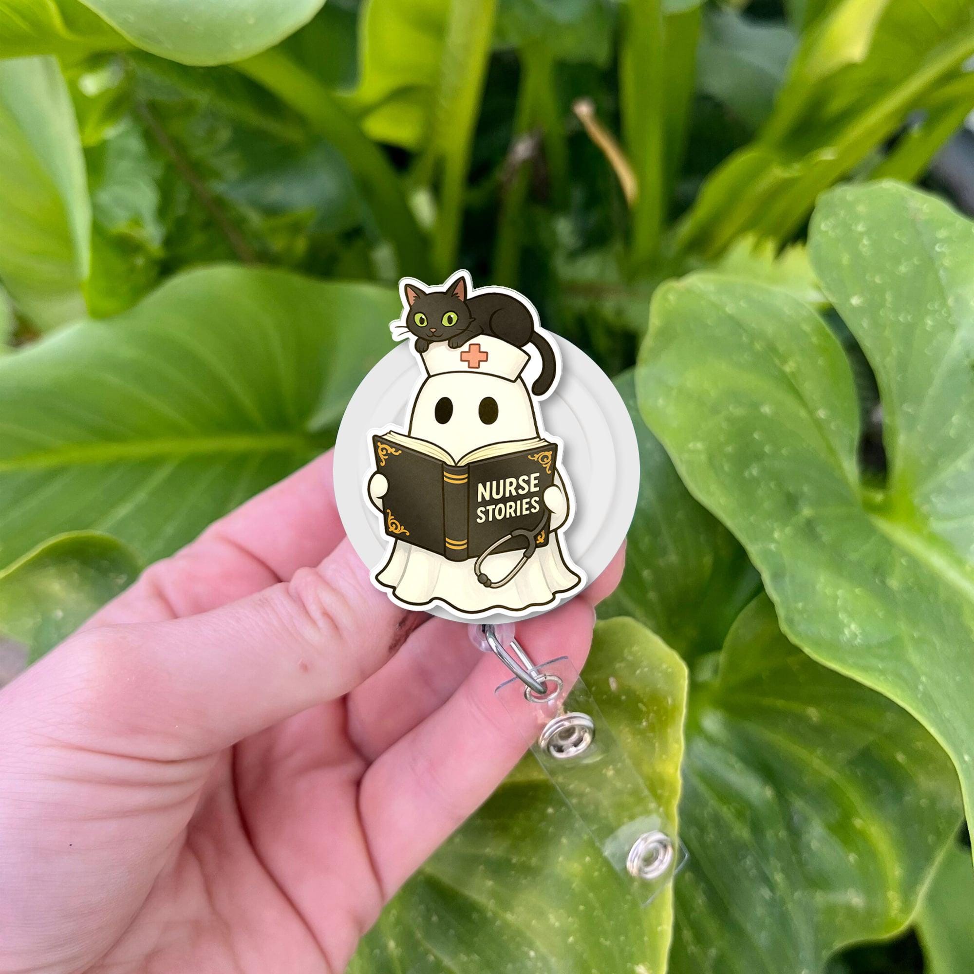 Ghost Nurse Badge Reel: Black Cat Halloween ID Holder
