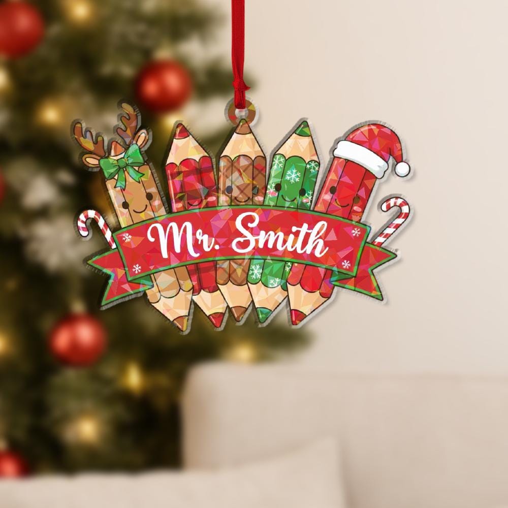 Personalized Teacher Ornament – Christmas Pencil Design with Holiday Theme