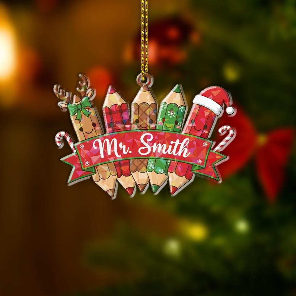 Personalized Teacher Ornament – Christmas Pencil Design with Holiday Theme
