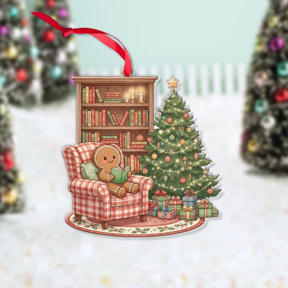 Gingerbread Ornament – Christmas Tree and Bookshelf Design with Cozy Chair Scene