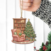Gingerbread Ornament – Christmas Tree and Bookshelf Design with Cozy Chair Scene