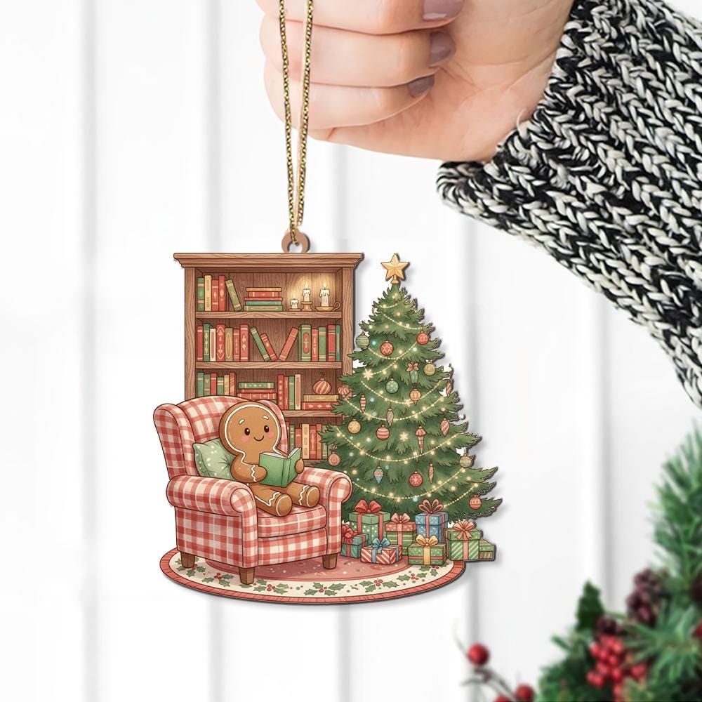 Gingerbread Ornament – Christmas Tree and Bookshelf Design with Cozy Chair Scene