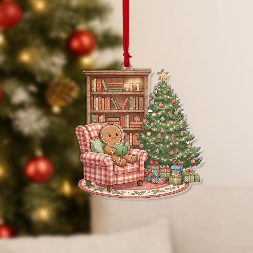 Gingerbread Ornament – Christmas Tree and Bookshelf Design with Cozy Chair Scene