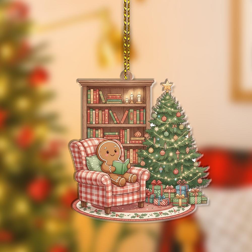 Gingerbread Ornament – Christmas Tree and Bookshelf Design with Cozy Chair Scene