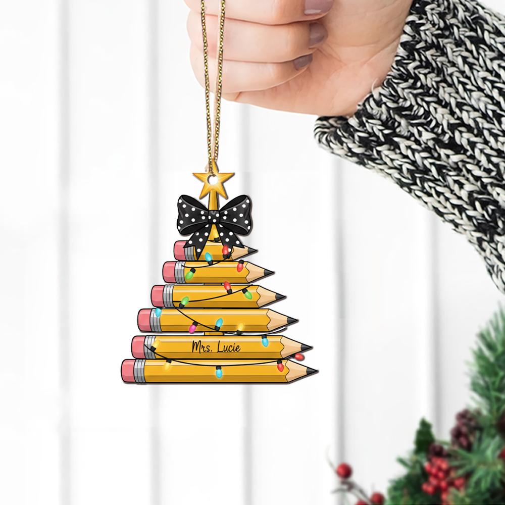 Personalized Teacher Ornament – Pencil Christmas Tree with Lights and Bow