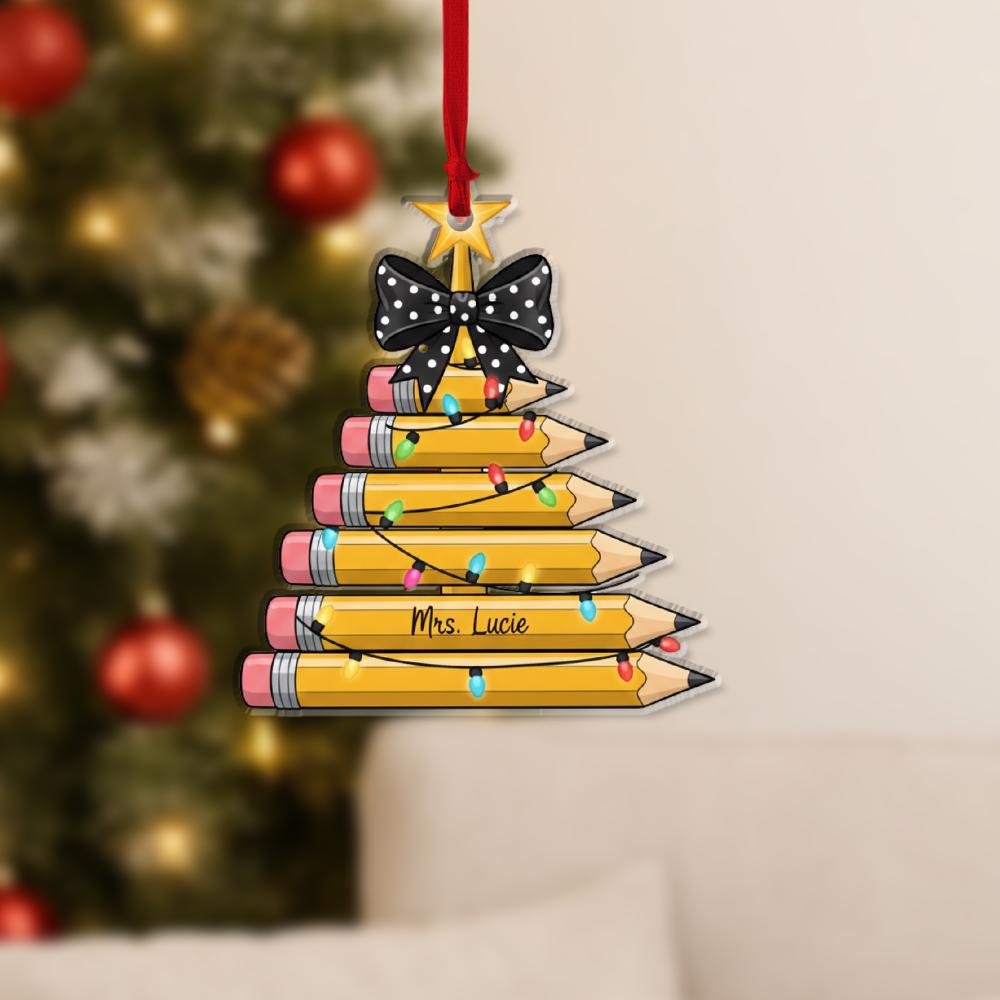 Personalized Teacher Ornament – Pencil Christmas Tree with Lights and Bow