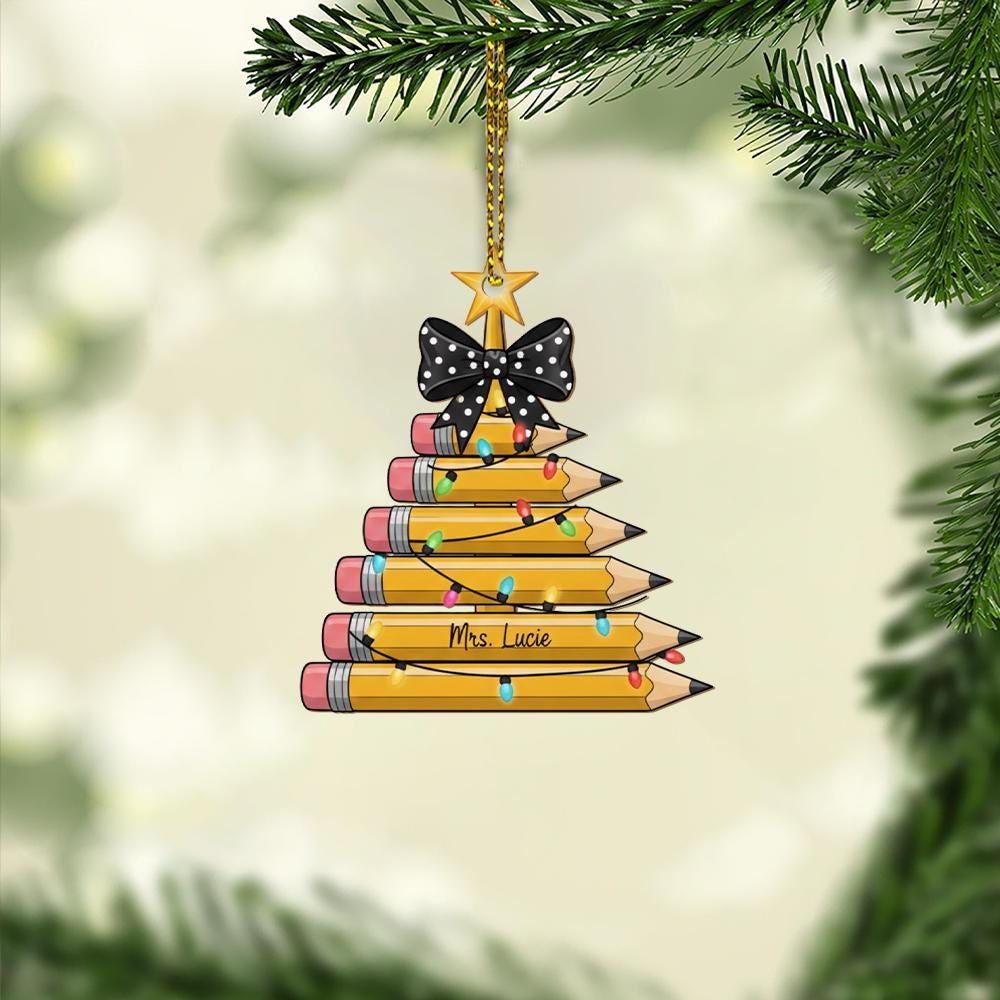 Personalized Teacher Ornament – Pencil Christmas Tree with Lights and Bow