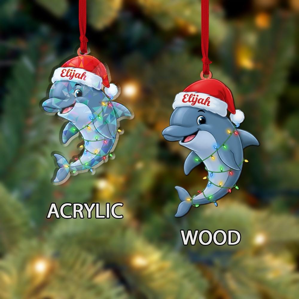 Personalized Dolphin Ornament – Holographic Christmas Design with Santa Hat and Lights