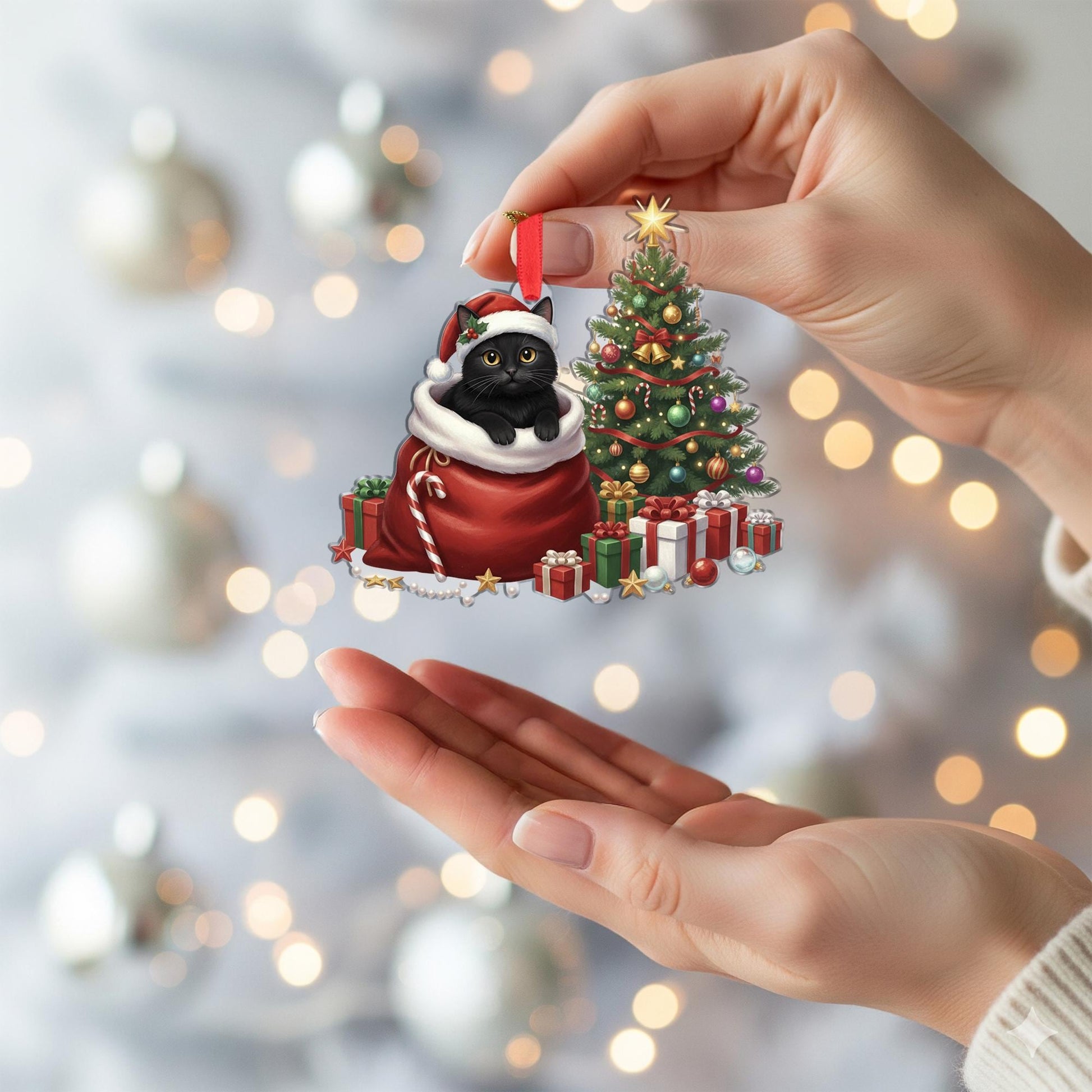 Black Cat Christmas Ornament: Cute Holiday Cat in Santa Bag