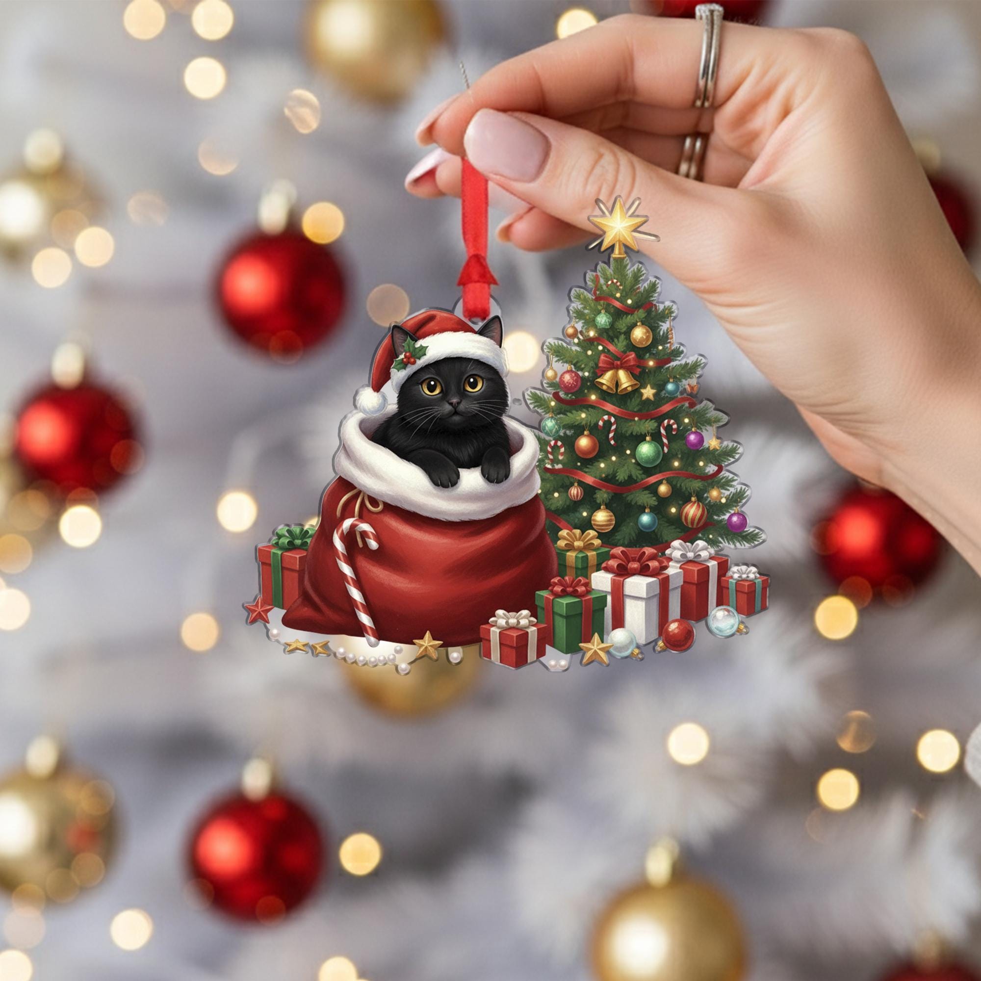Black Cat Christmas Ornament: Cute Holiday Cat in Santa Bag