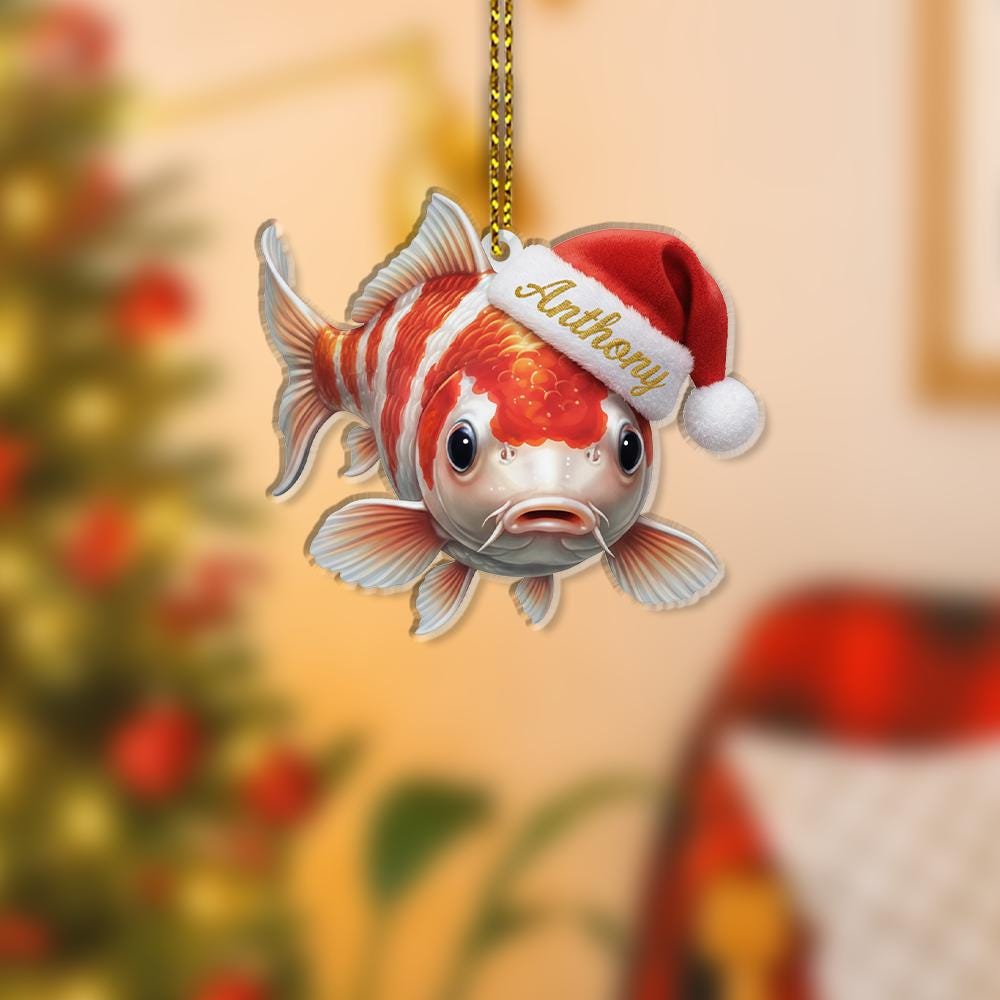 Personalized Fish Ornament – Christmas Koi Design with Santa Hat