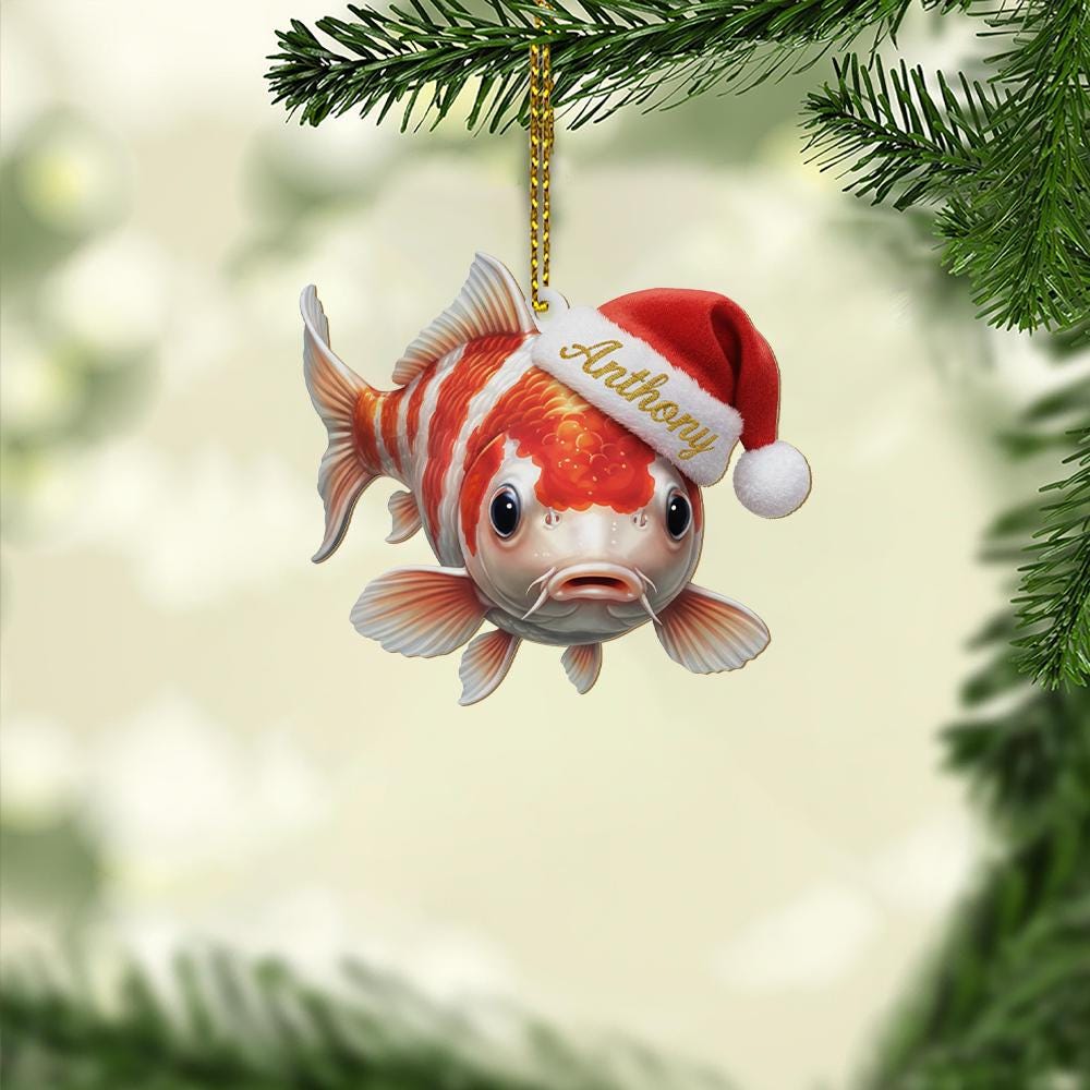Personalized Fish Ornament – Christmas Koi Design with Santa Hat