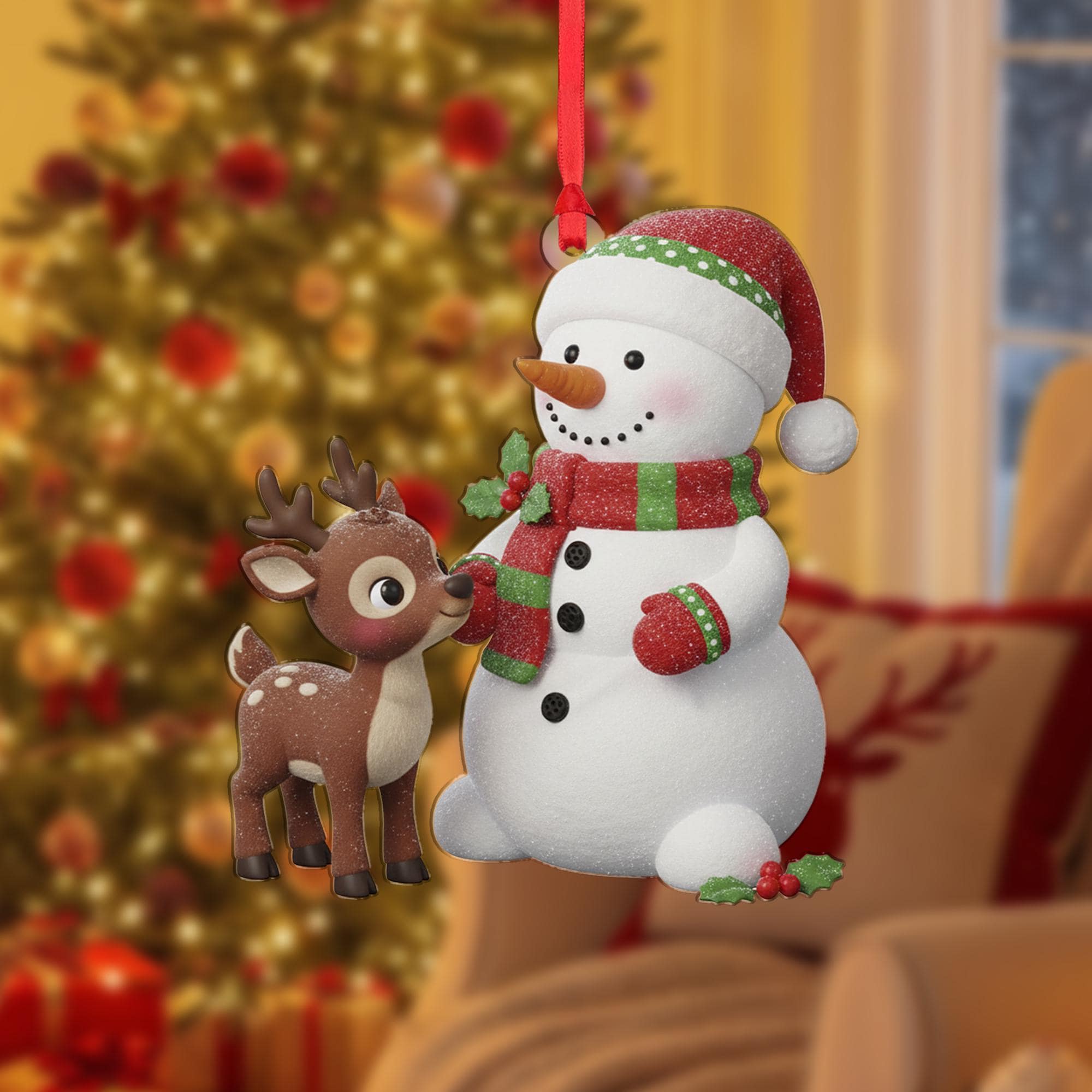 Snowman & Reindeer Christmas Ornament: Double-Sided Holiday Decoration