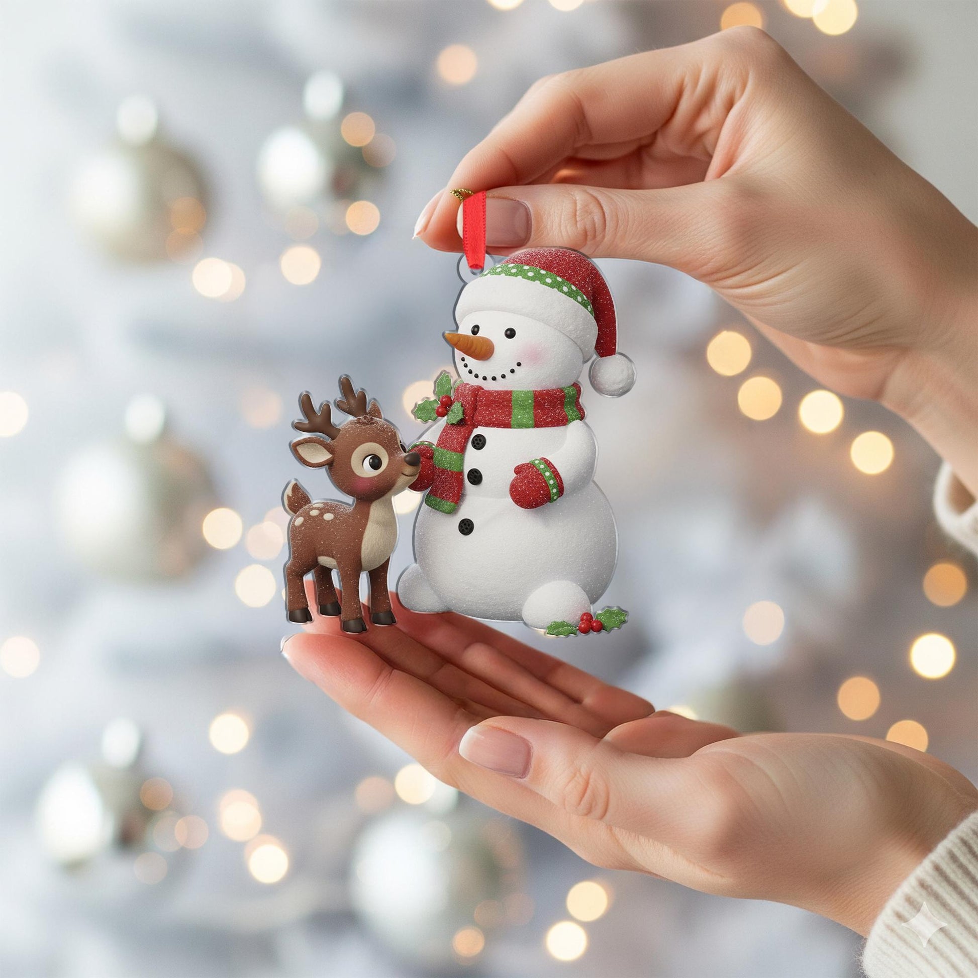 Snowman & Reindeer Christmas Ornament: Double-Sided Holiday Decoration