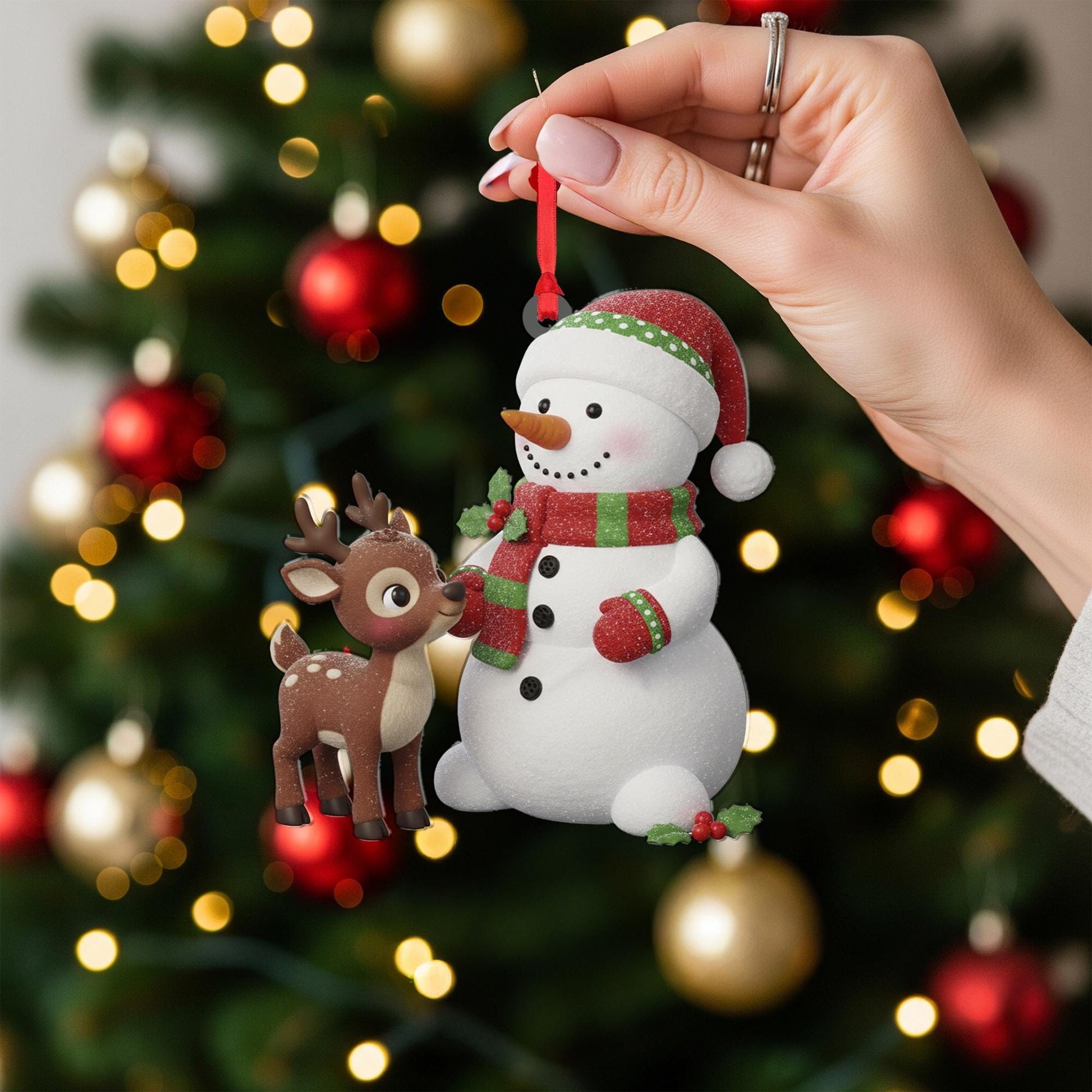 Snowman & Reindeer Christmas Ornament: Double-Sided Holiday Decoration