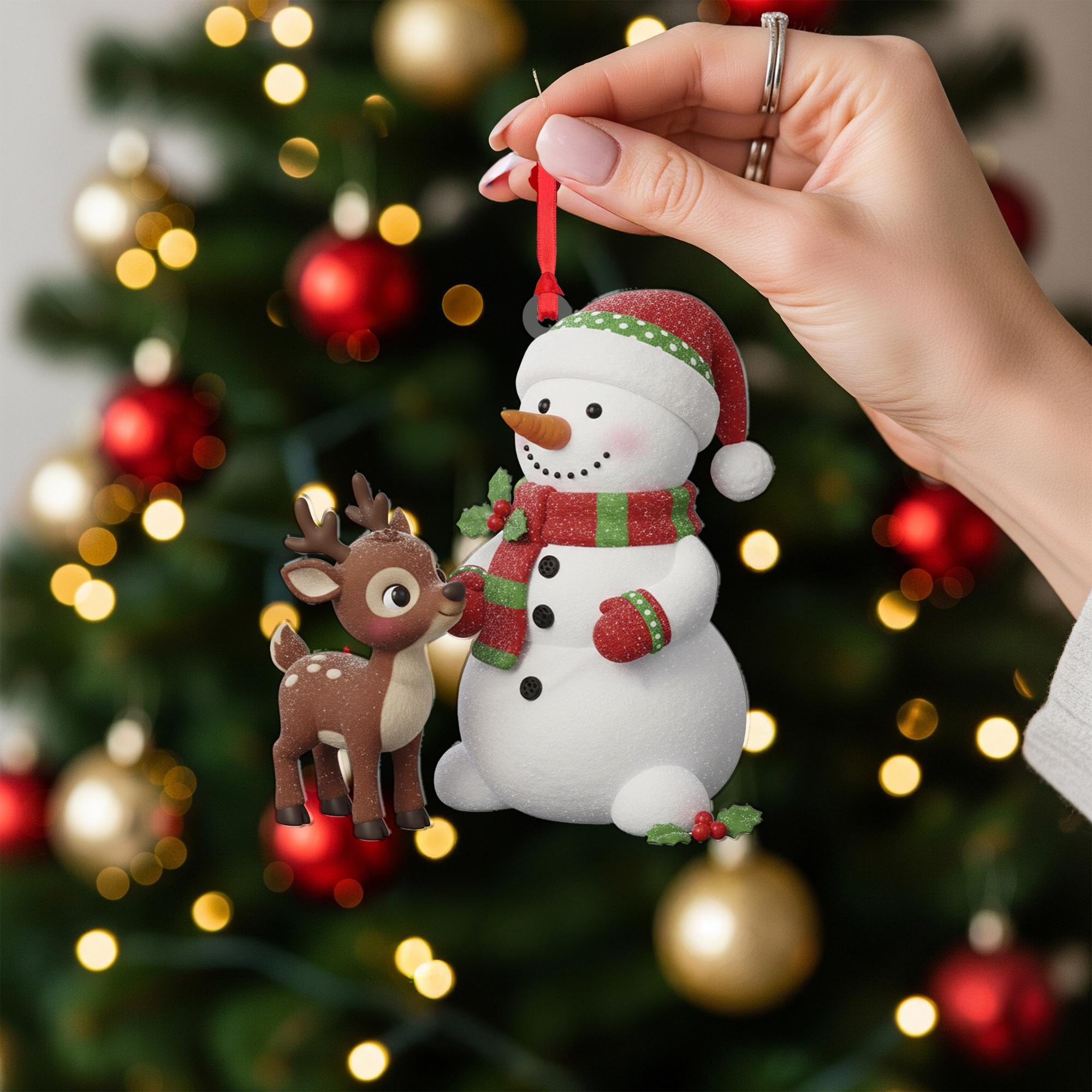 Snowman & Reindeer Christmas Ornament: Double-Sided Holiday Decoration