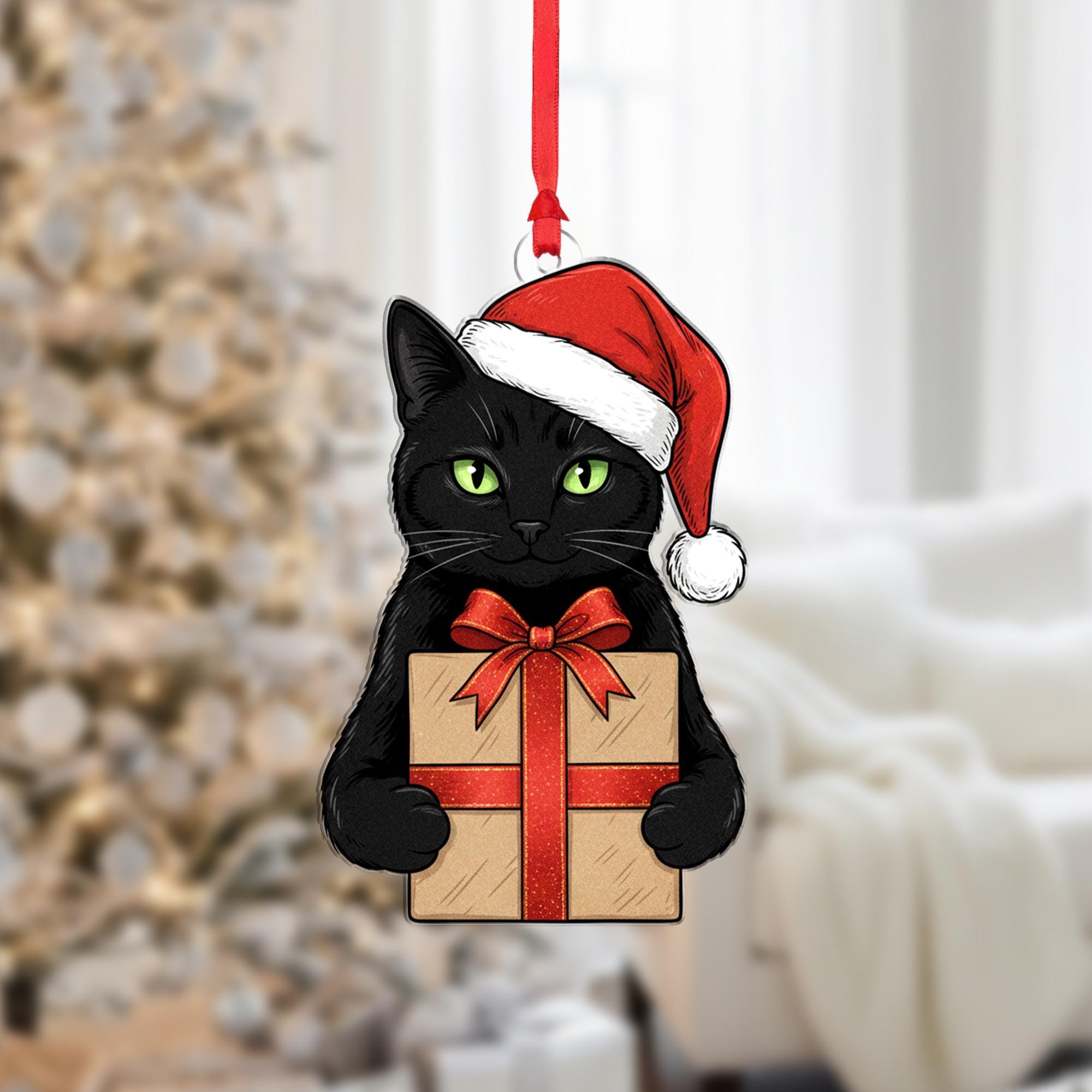 Black Cat Christmas Ornament: Fiber Wood Kitty with Gift