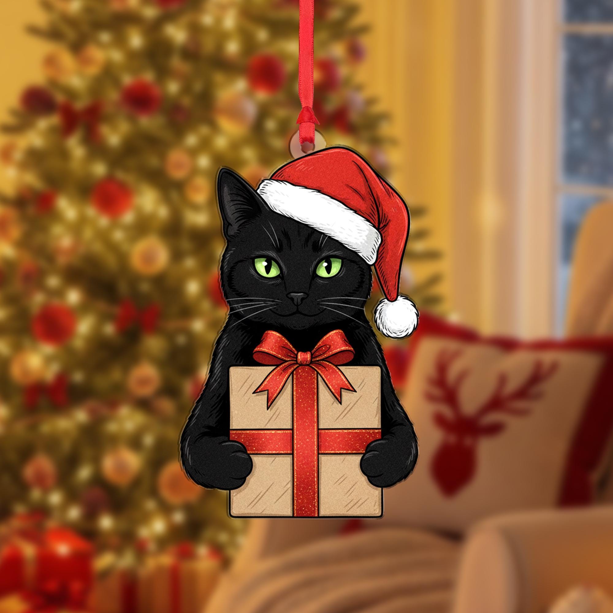 Black Cat Christmas Ornament: Fiber Wood Kitty with Gift
