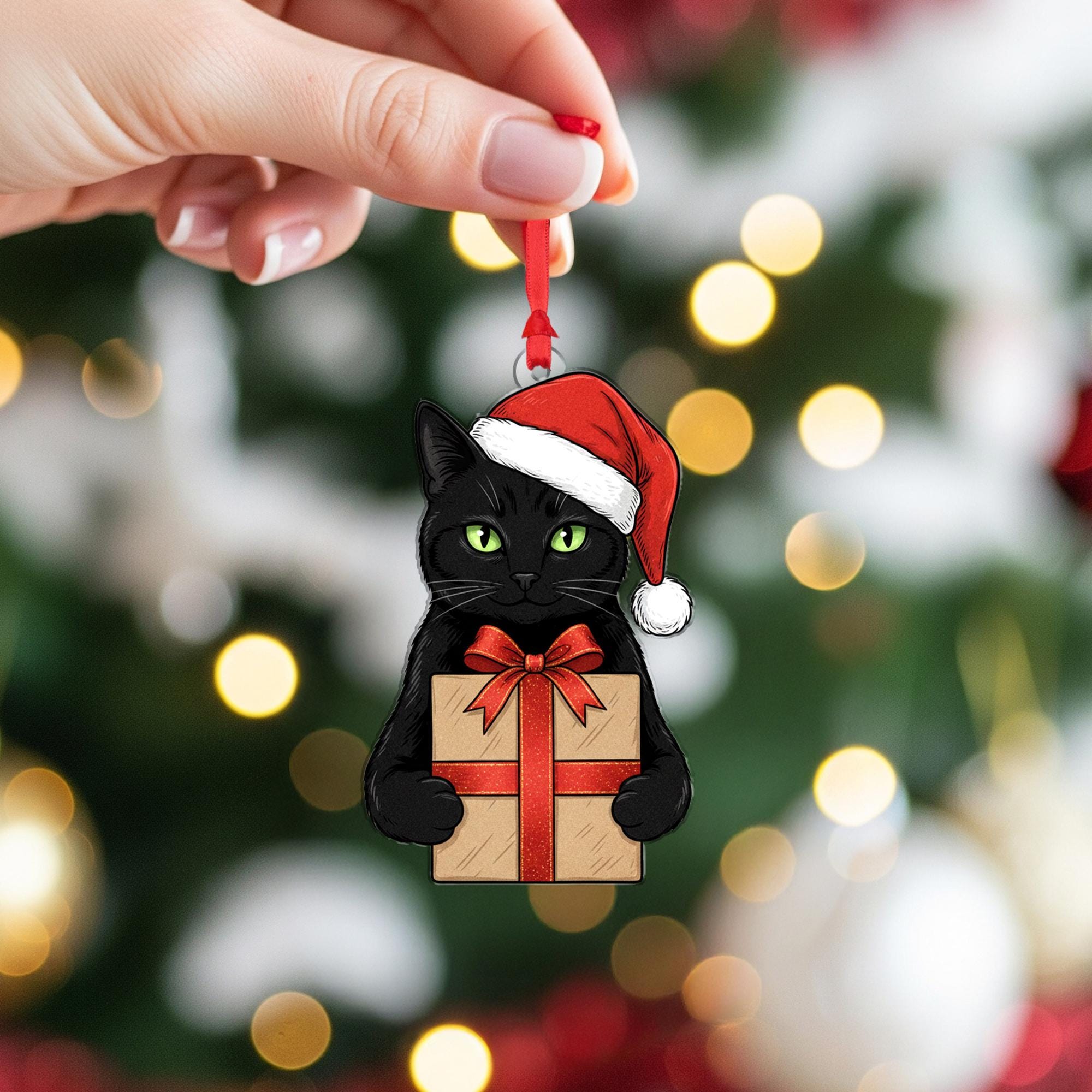 Black Cat Christmas Ornament: Fiber Wood Kitty with Gift