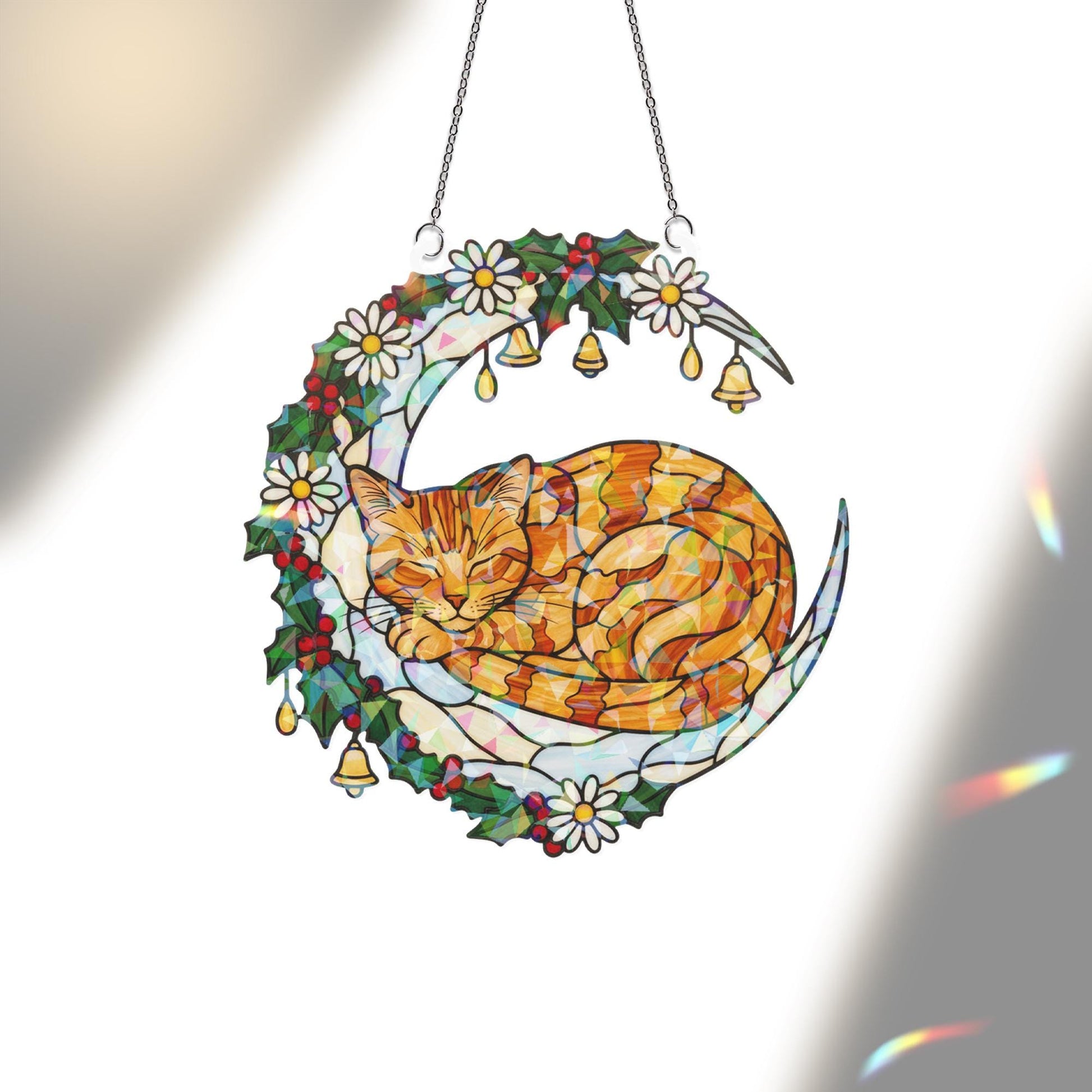Faux Stained Glass Cat Window Hanging – Holographic Crescent Moon with Holly, Daisies, and Bells