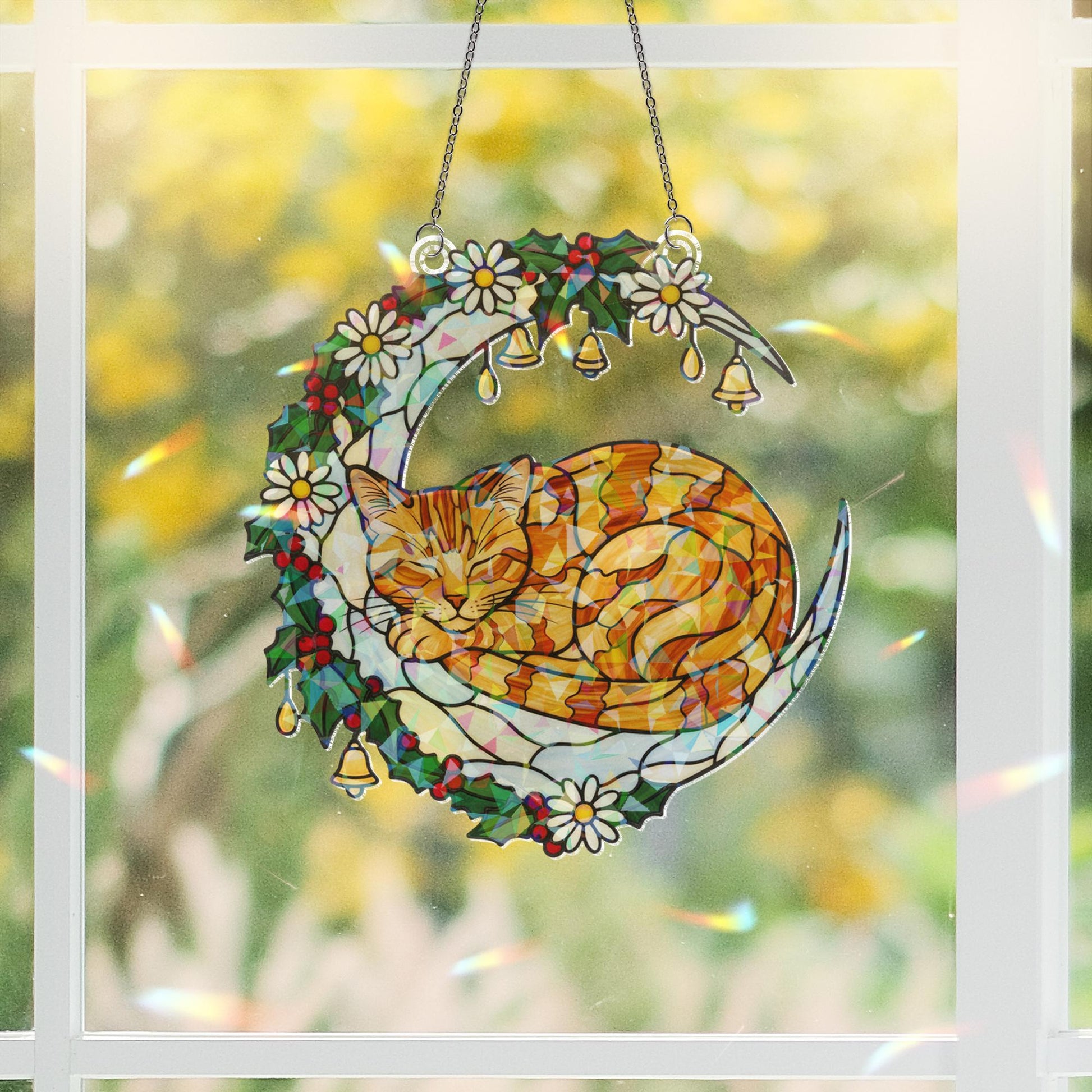 Faux Stained Glass Cat Window Hanging – Holographic Crescent Moon with Holly, Daisies, and Bells