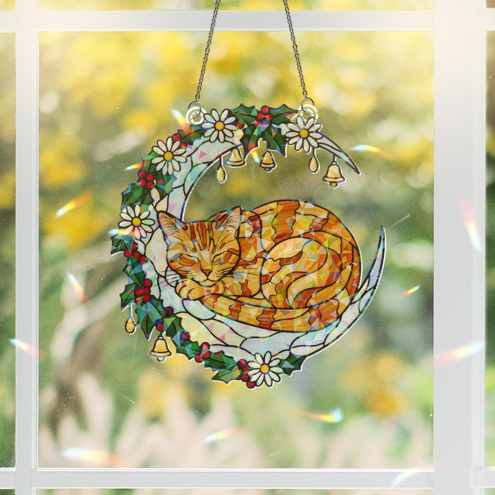 Faux Stained Glass Cat Window Hanging – Holographic Crescent Moon with Holly, Daisies, and Bells