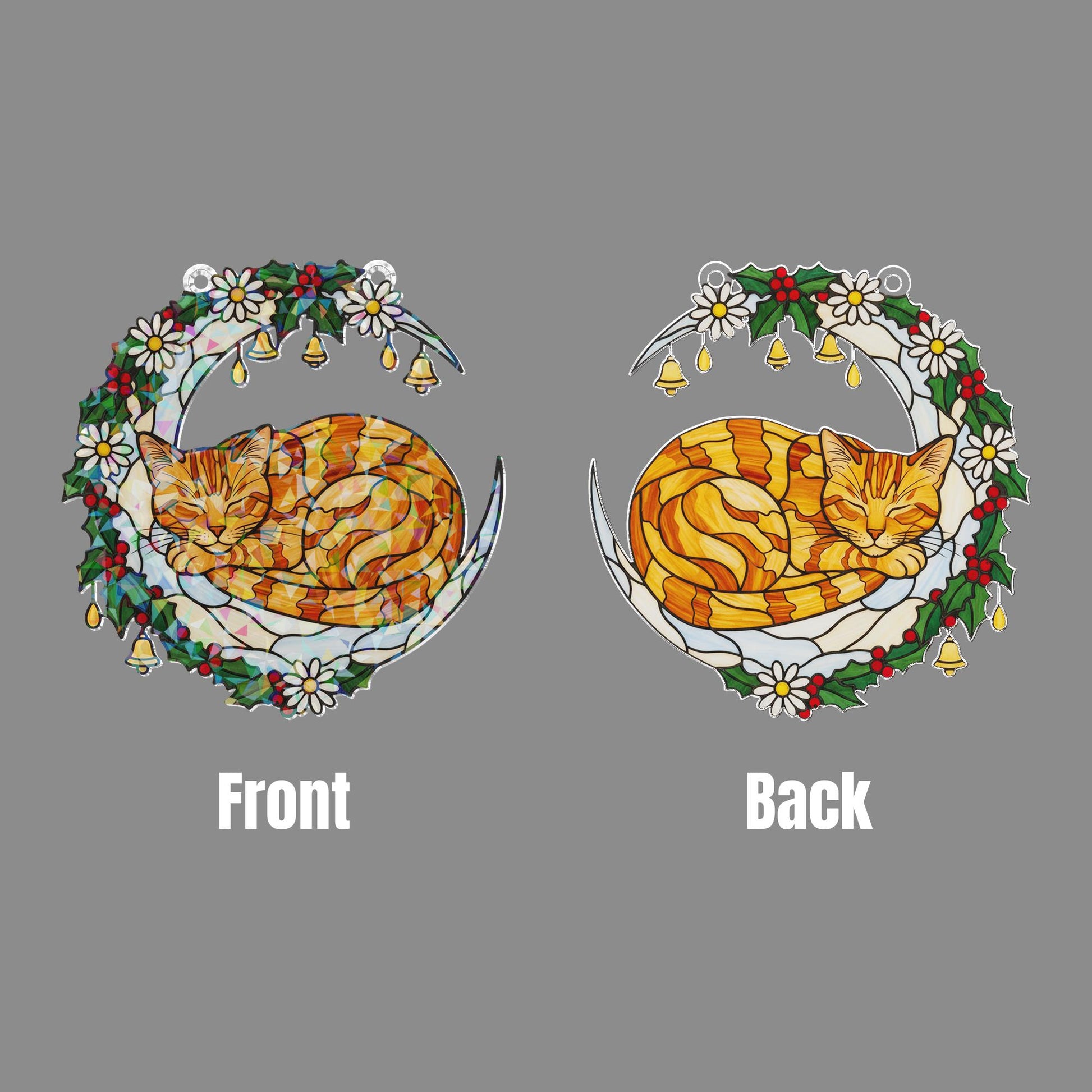 Faux Stained Glass Cat Window Hanging – Holographic Crescent Moon with Holly, Daisies, and Bells