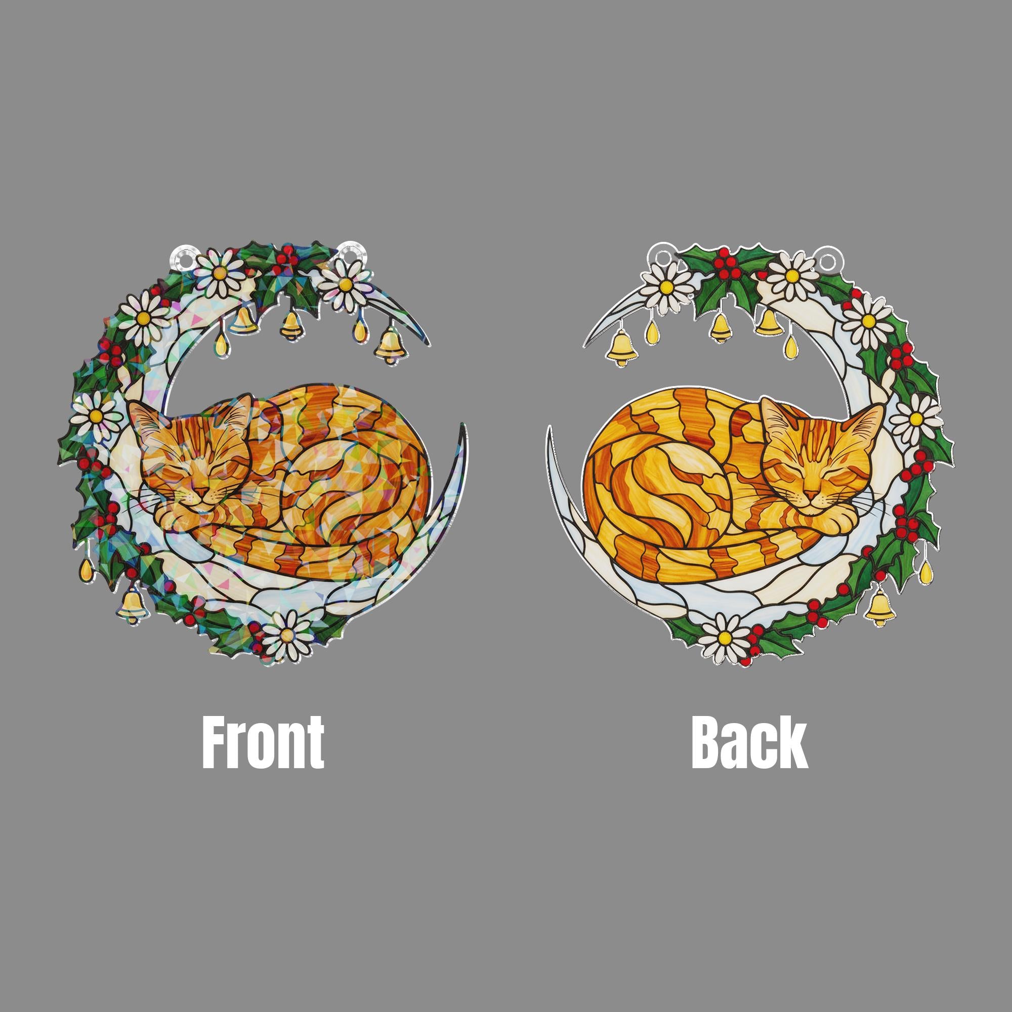 Faux Stained Glass Cat Window Hanging – Holographic Crescent Moon with Holly, Daisies, and Bells