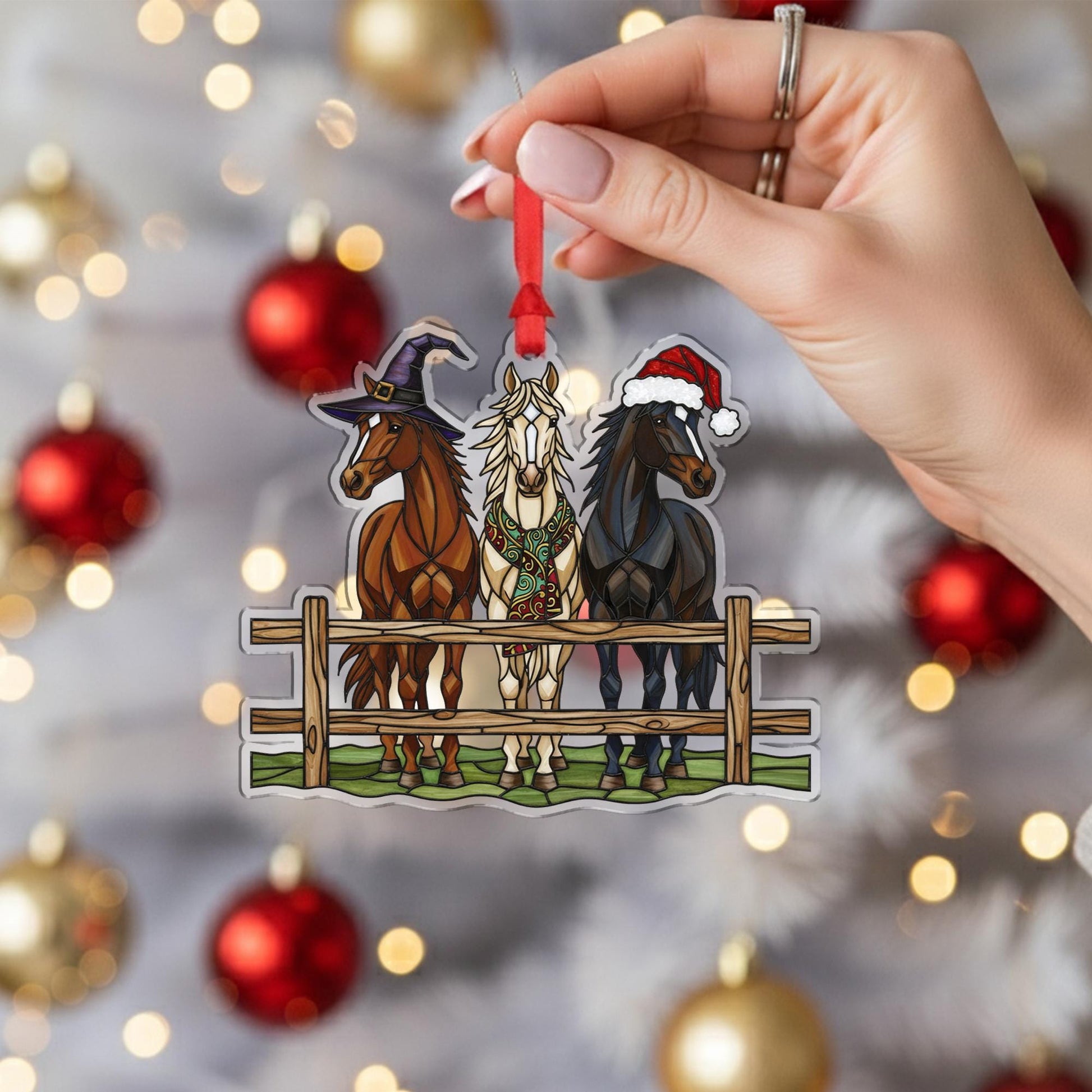 Horse Ornament – Holiday Fence Design with Santa Hat, Witch Hat, and Festive Scarf