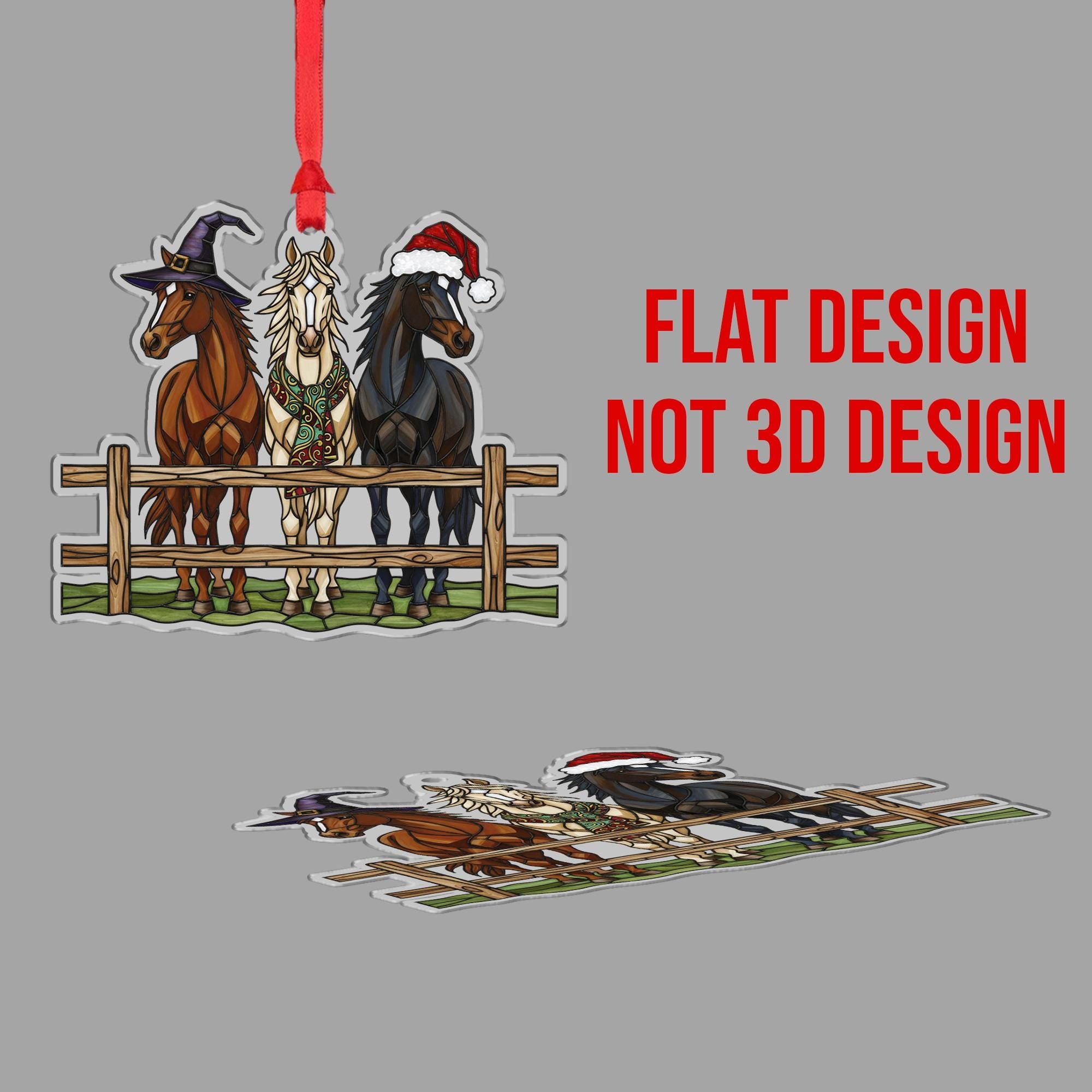 Horse Ornament – Holiday Fence Design with Santa Hat, Witch Hat, and Festive Scarf