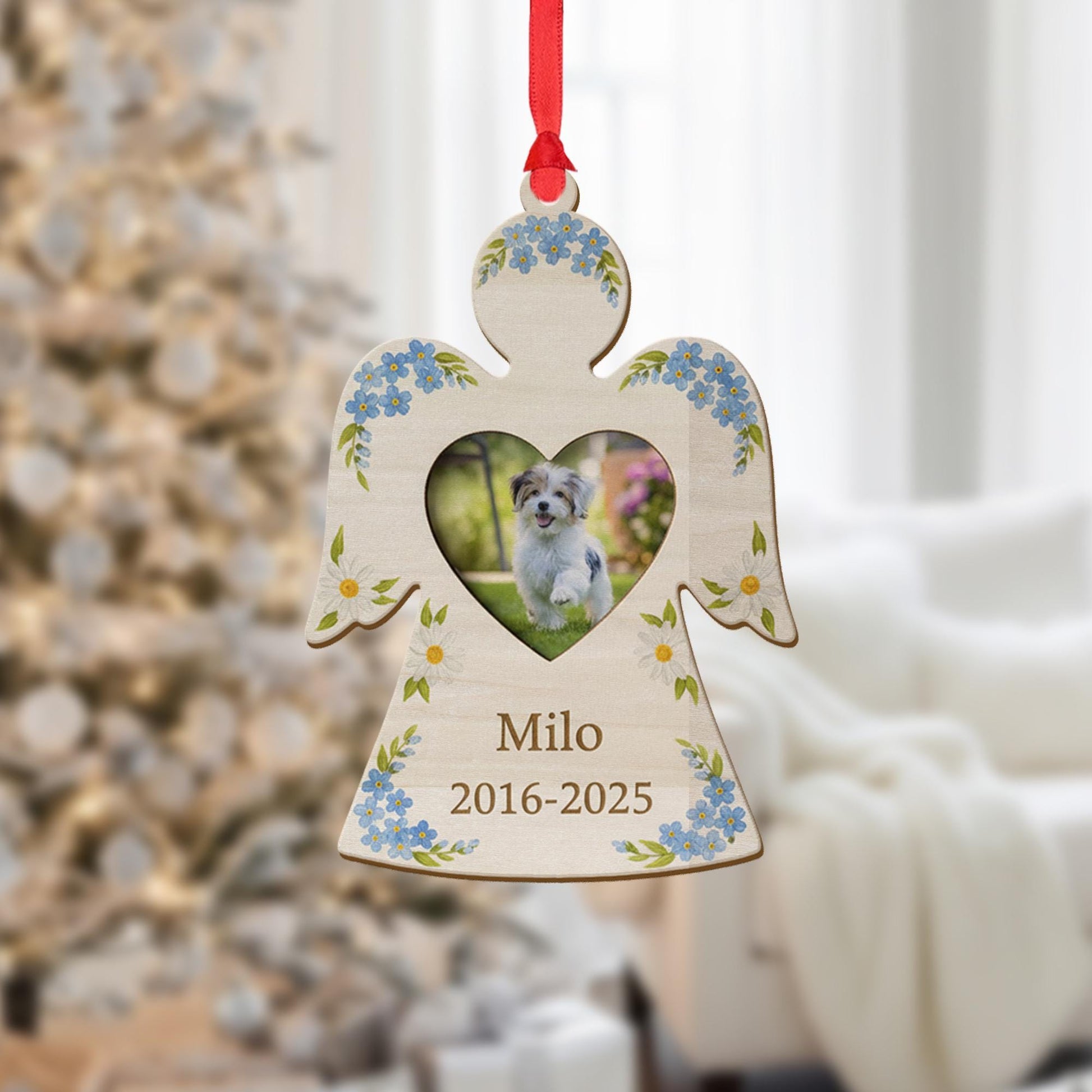 Personalized Dog Memorial Ornament: Wood Angel Photo Frame, Floral Design
