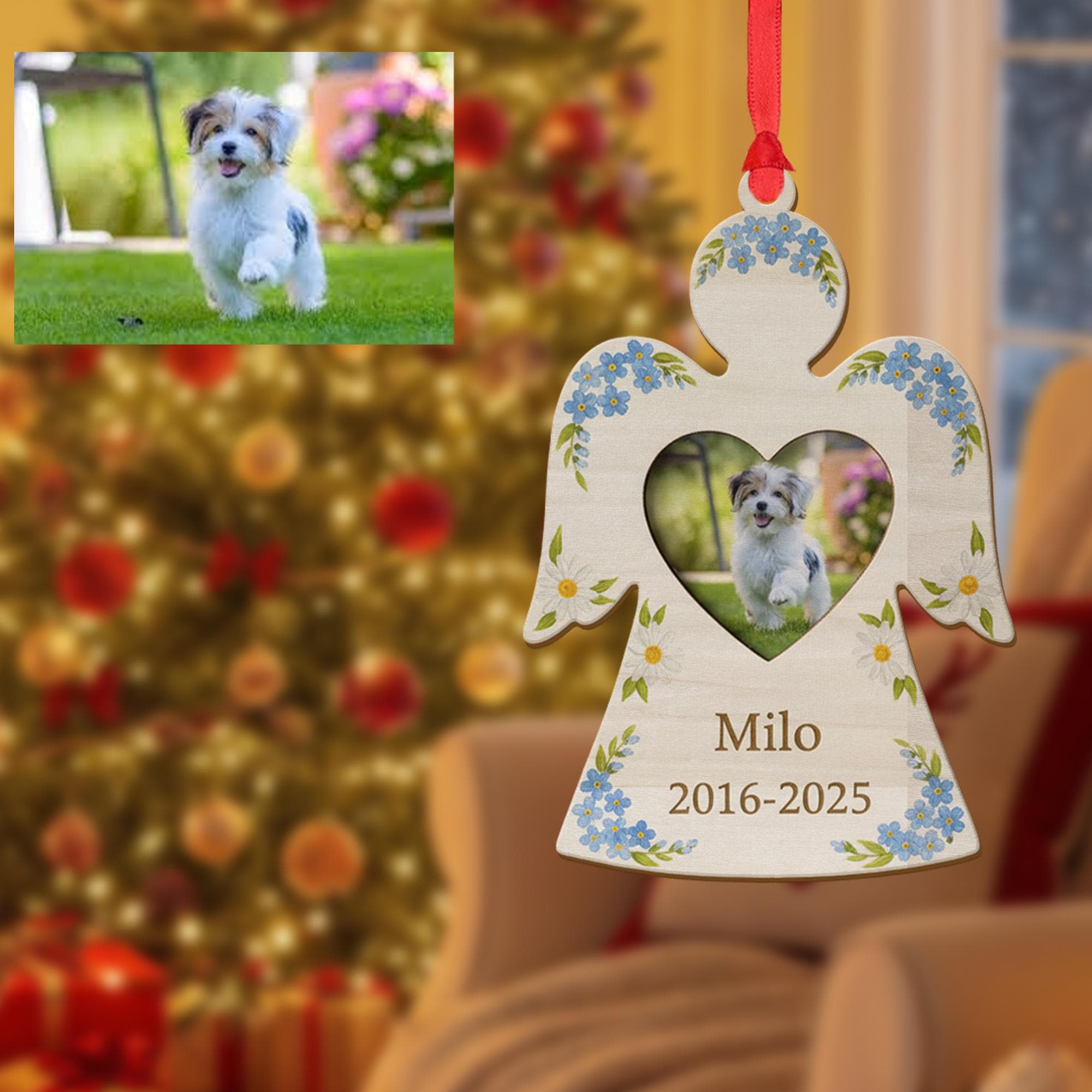 Personalized Dog Memorial Ornament: Wood Angel Photo Frame, Floral Design