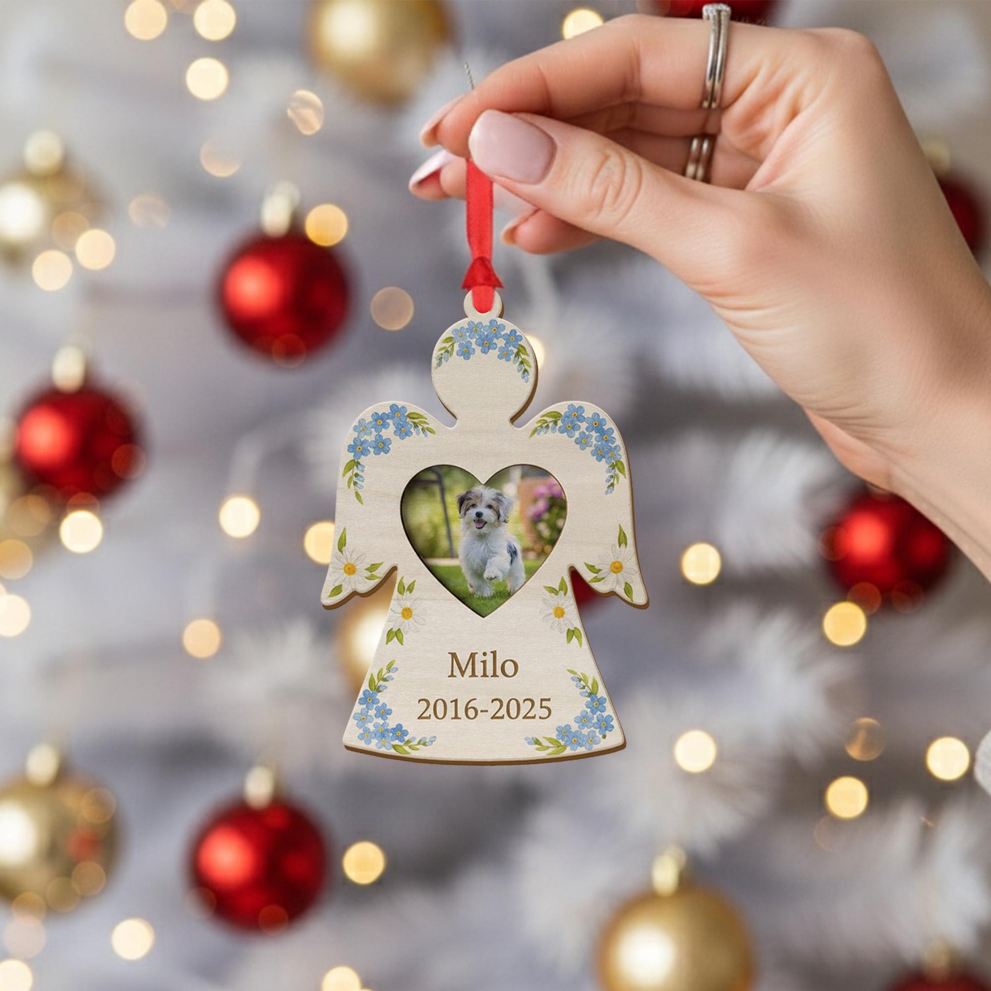 Personalized Dog Memorial Ornament: Wood Angel Photo Frame, Floral Design