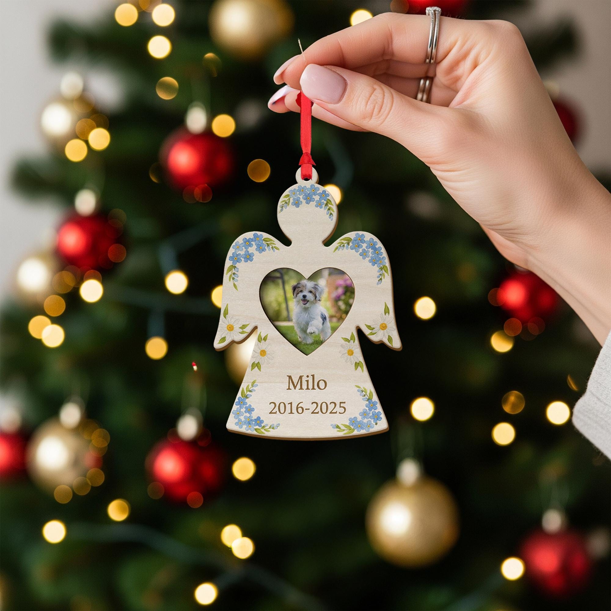 Personalized Dog Memorial Ornament: Wood Angel Photo Frame, Floral Design